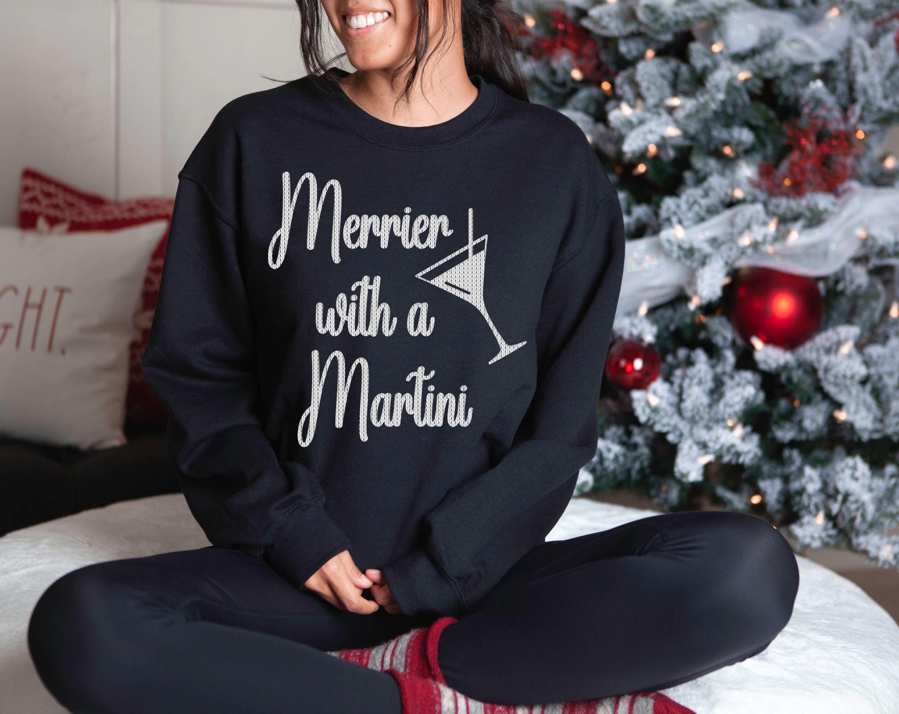 Merrier With A Martini Faux Stitch Sweater, Trendy Christmas Crewneck, Winter Sweatshirt, Martini Design, Christmas Holiday Party Crew