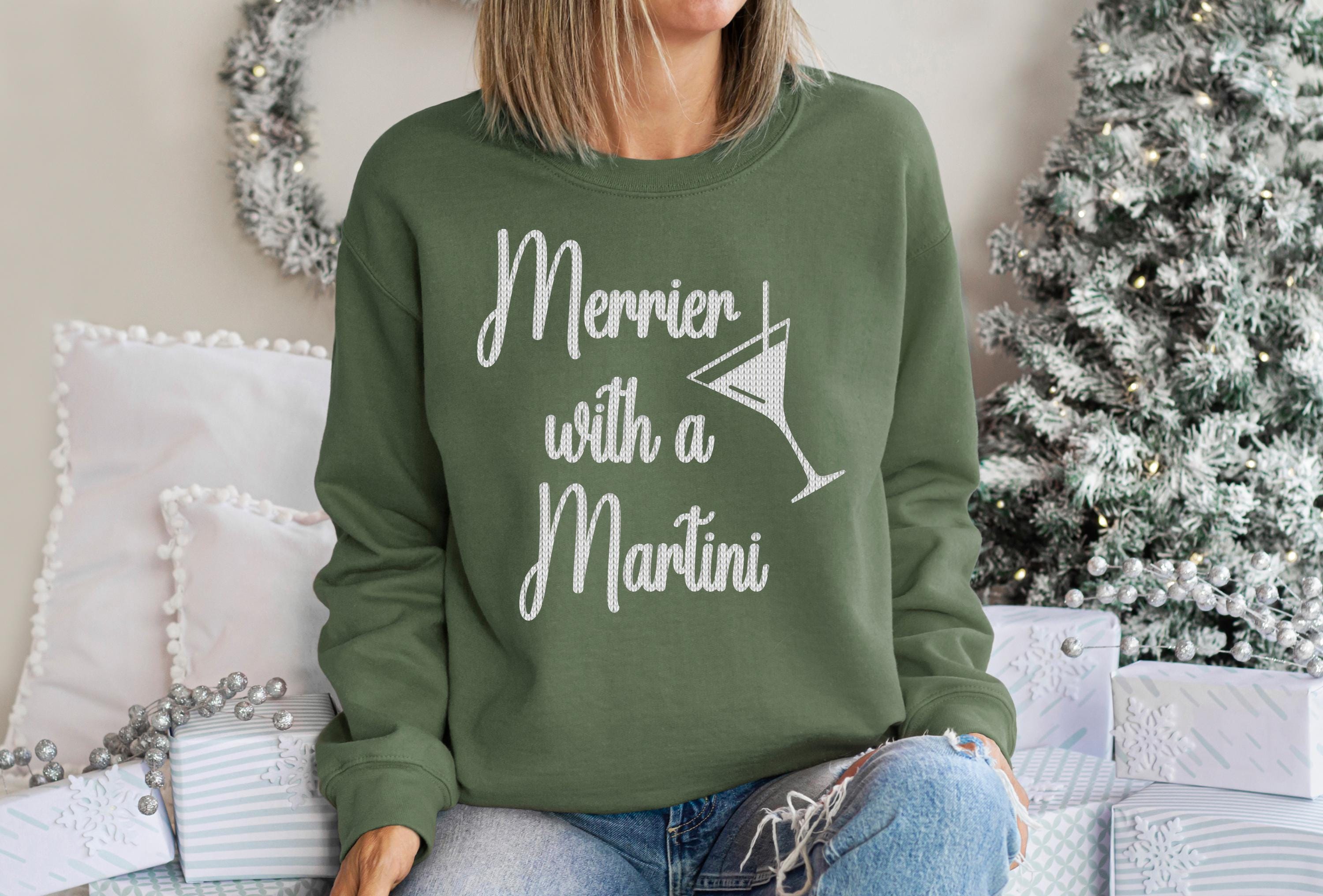 Merrier With A Martini Faux Stitch Sweater, Trendy Christmas Crewneck, Winter Sweatshirt, Martini Design, Christmas Holiday Party Crew