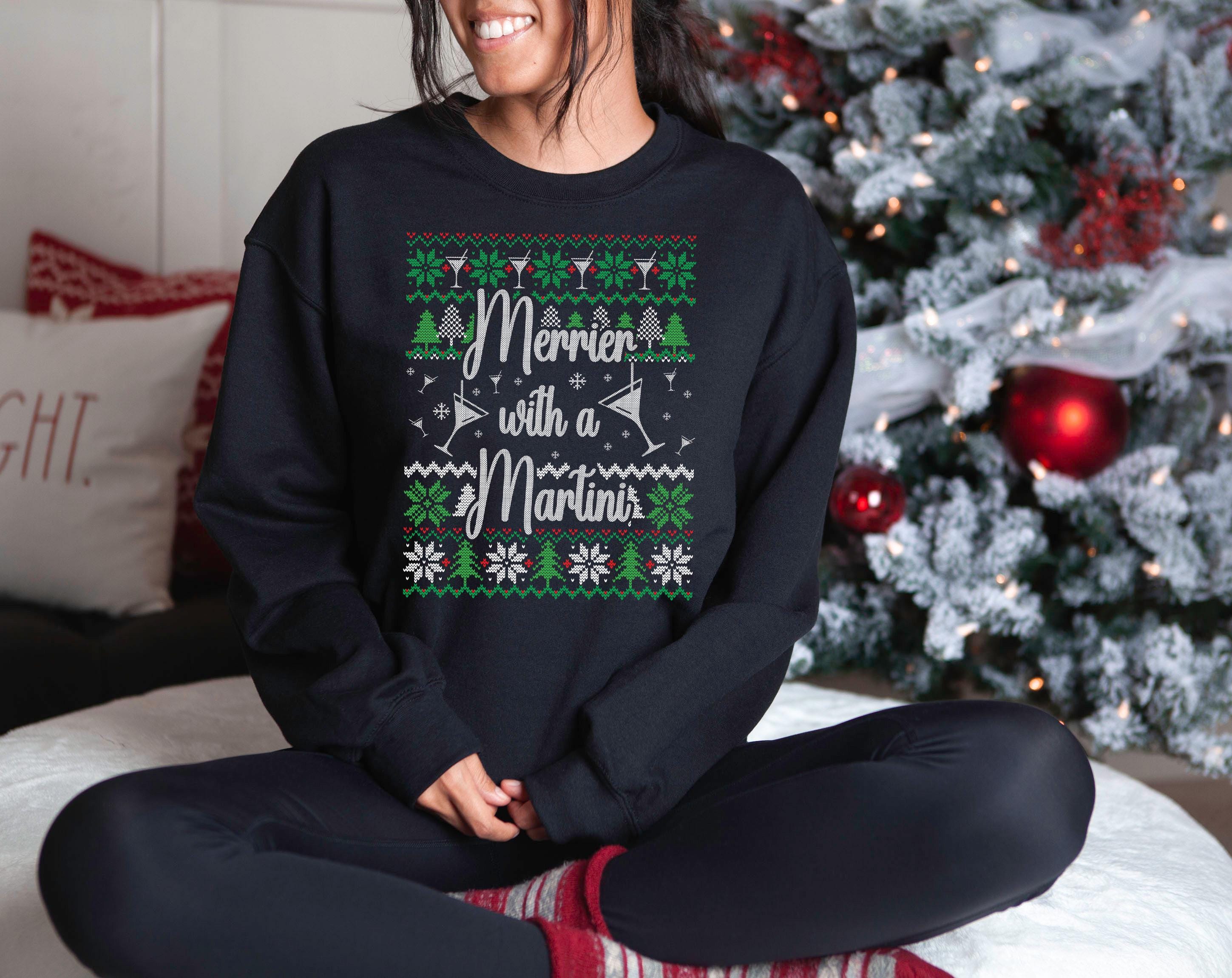 Merrier With A Martini Ugly Christmas Sweater, Trendy Christmas Crewneck, Winter Sweatshirt, Martini Design, Christmas Holiday Party Crew