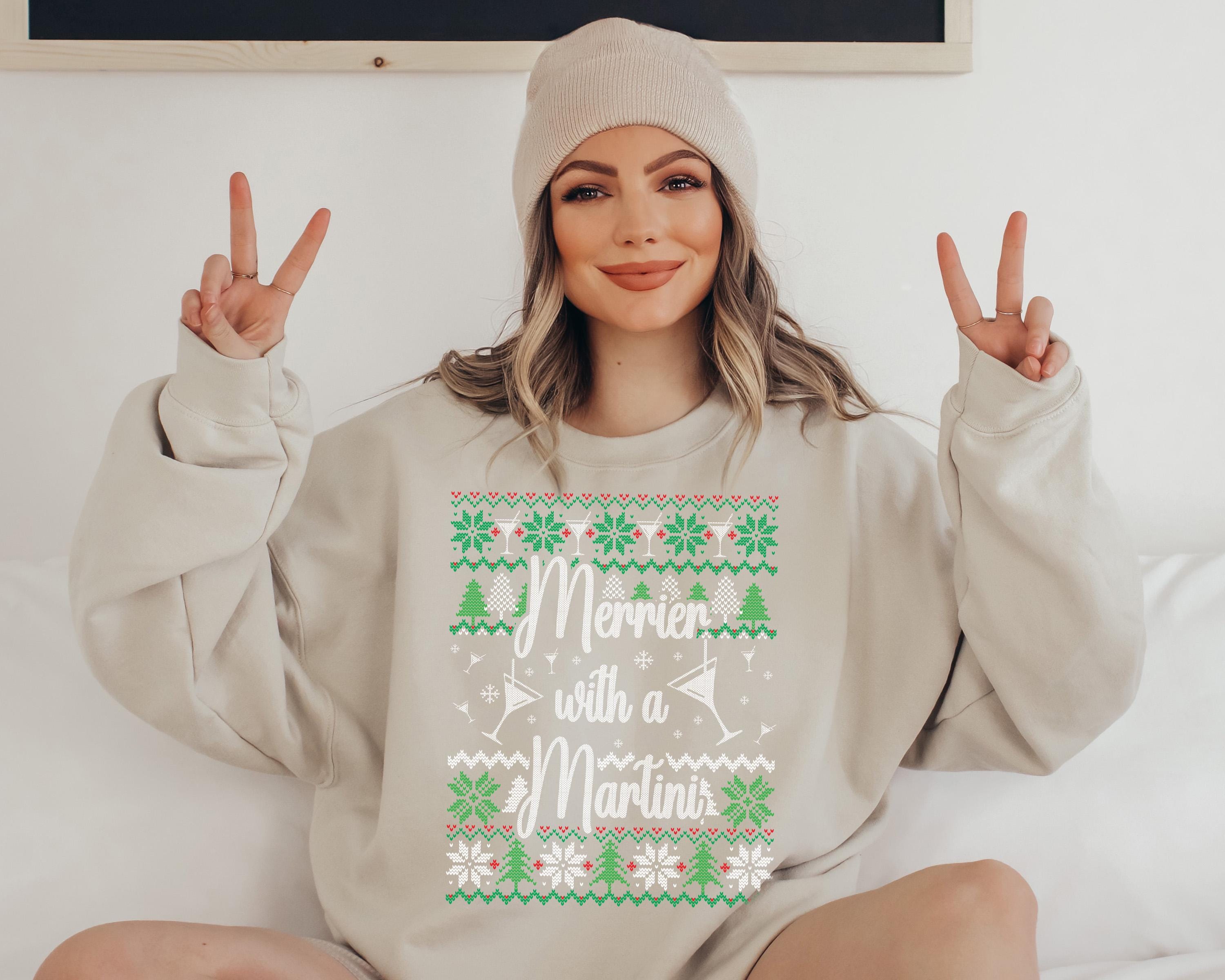 Merrier With A Martini Ugly Christmas Sweater, Trendy Christmas Crewneck, Winter Sweatshirt, Martini Design, Christmas Holiday Party Crew