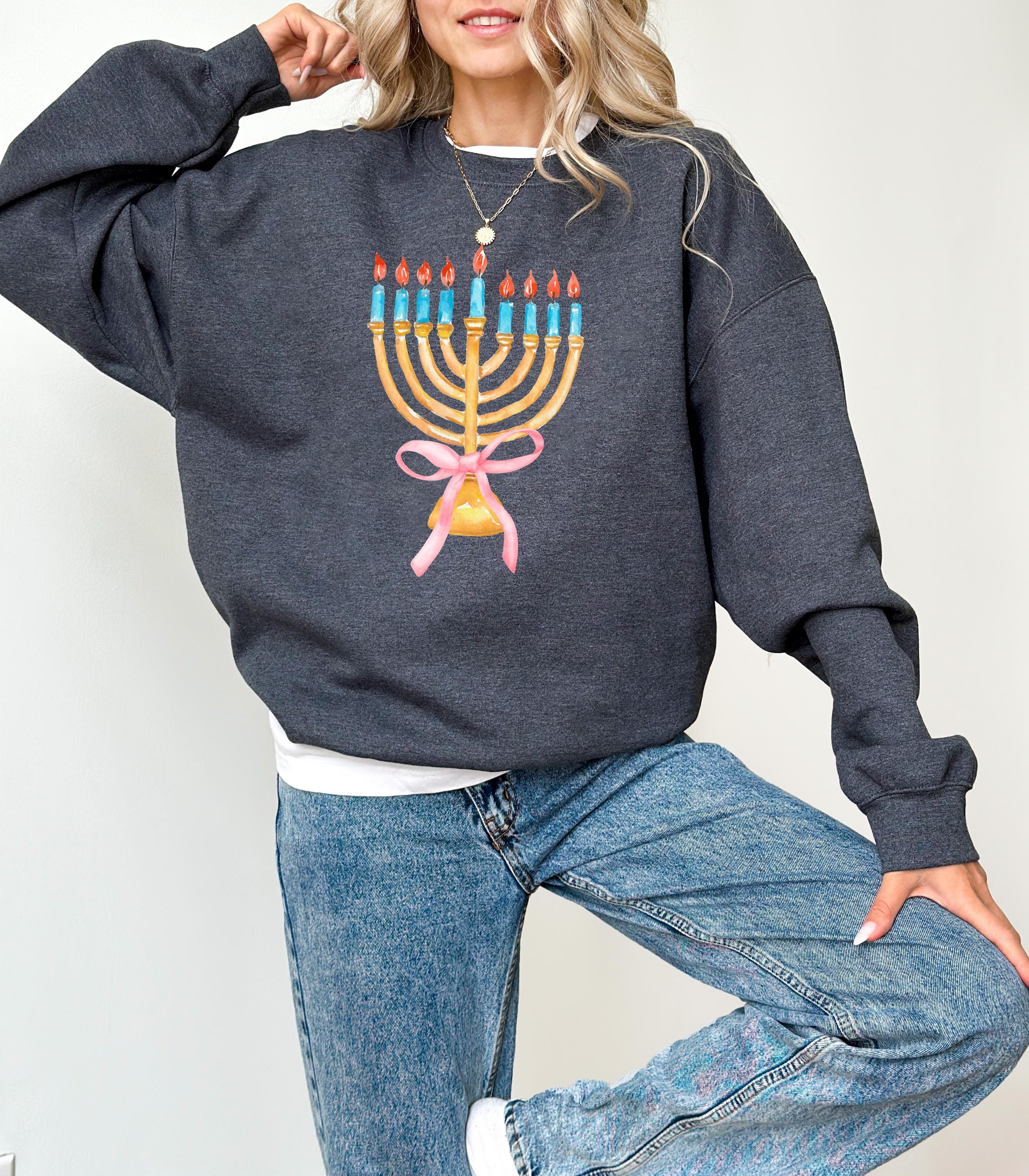 New Hanukkah Crewneck, Happy Hanukkah, Menorah Sweater, Jewish Holiday Shirt, Cute Bow Sweatshirt, Sweatshirt For Jewish Holiday