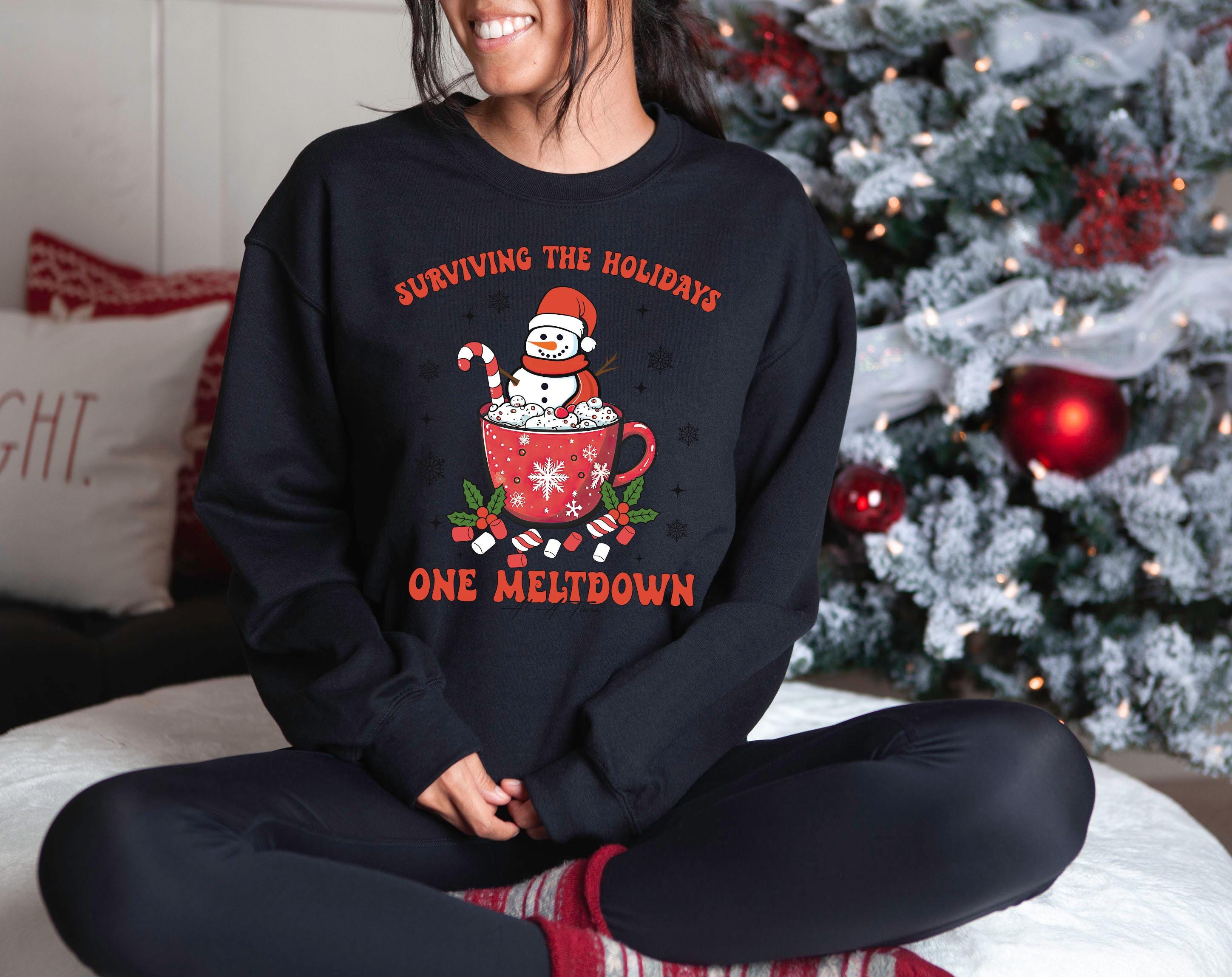 Surviving The Holidays Christmas Sweater, Funny Christmas Crewneck, Retro Snowman Sweatshirt, Xmas Graphic Pullover, Holiday Jumper