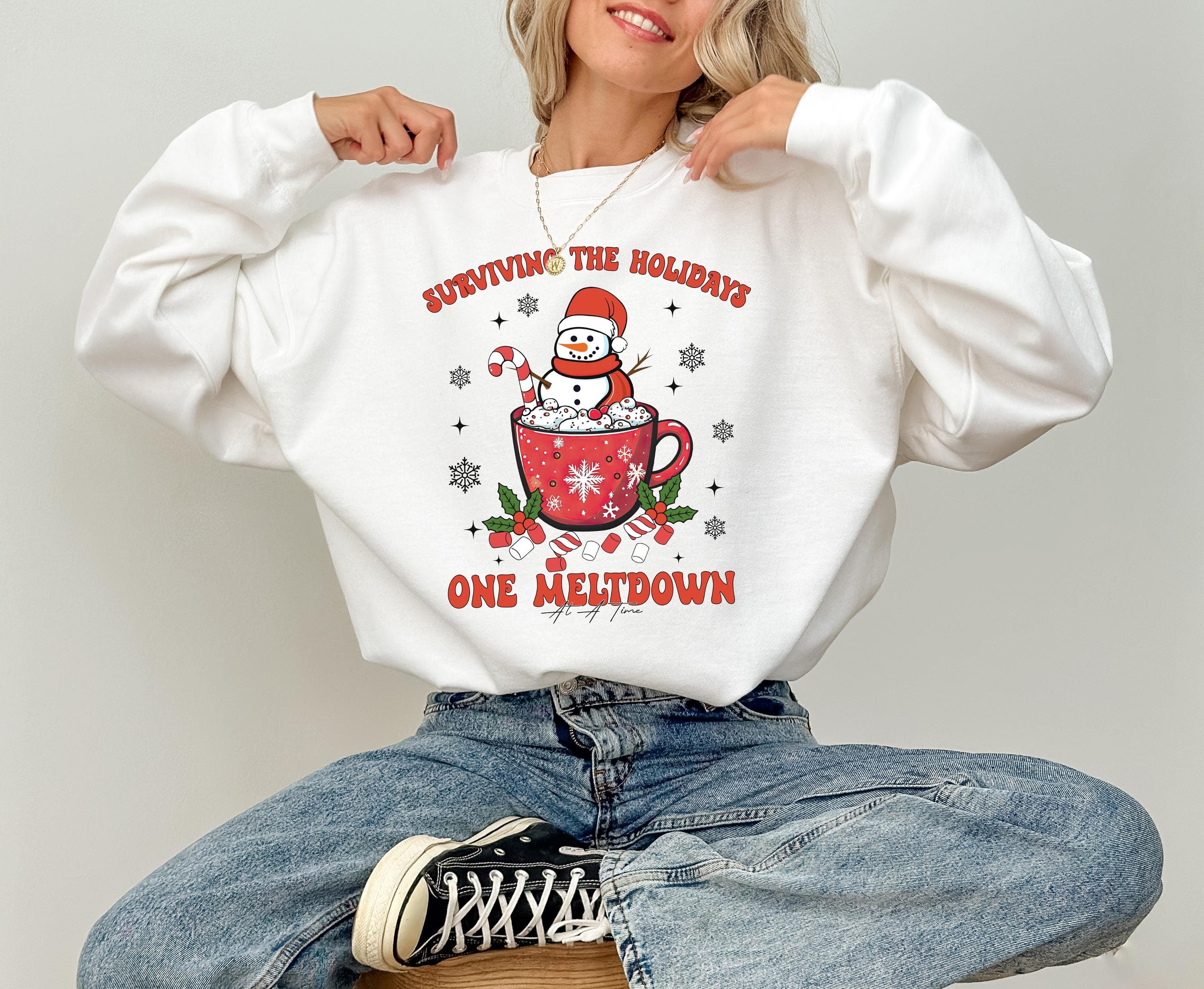 Surviving The Holidays Christmas Sweater, Funny Christmas Crewneck, Retro Snowman Sweatshirt, Xmas Graphic Pullover, Holiday Jumper