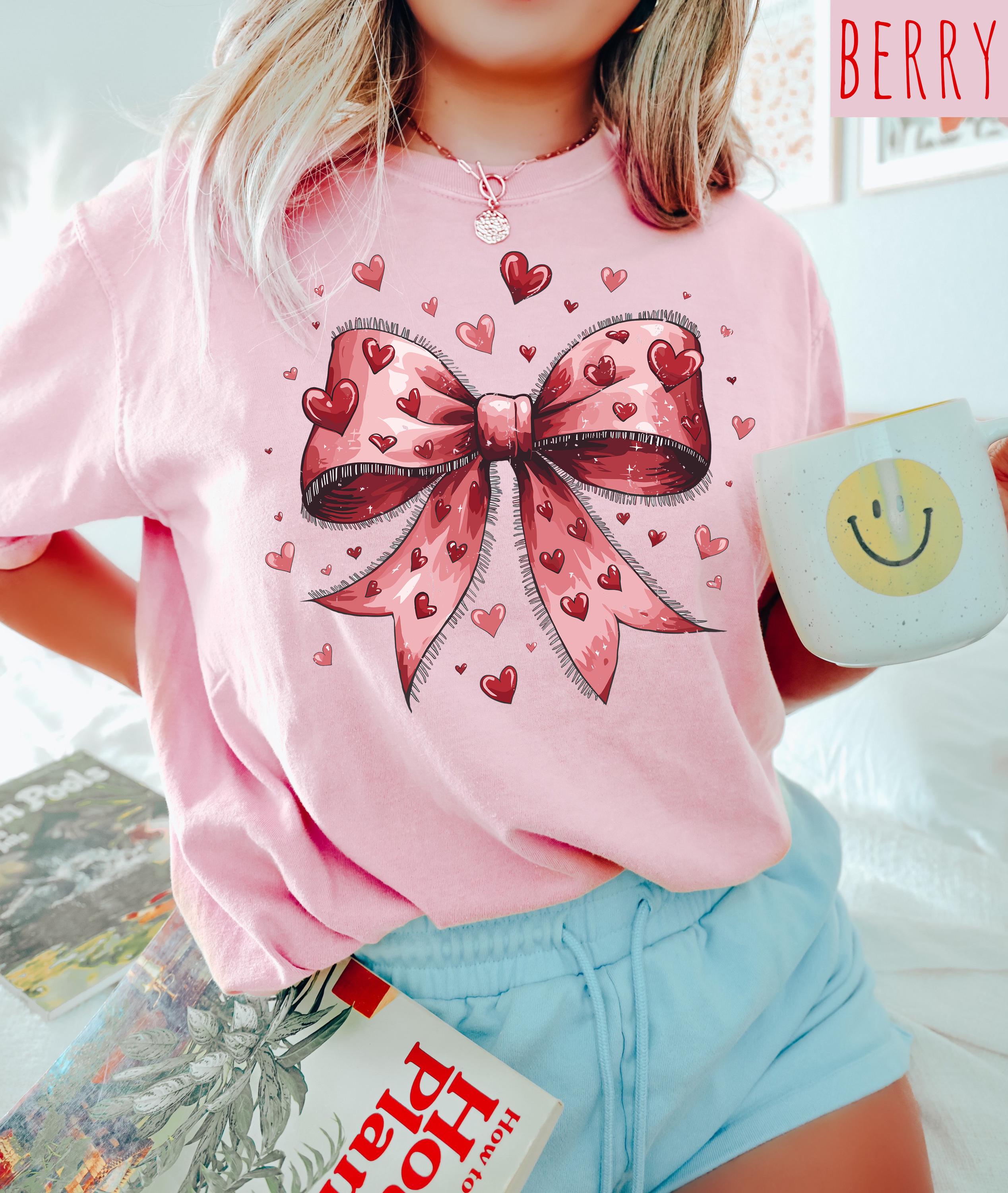 Mini Red Hearts Valentine's Day Comfort Colors Shirt, Cute Pink Bow Valentine Shirt, Retro Bow and Hearts Design, Galentine's Day Tshirt