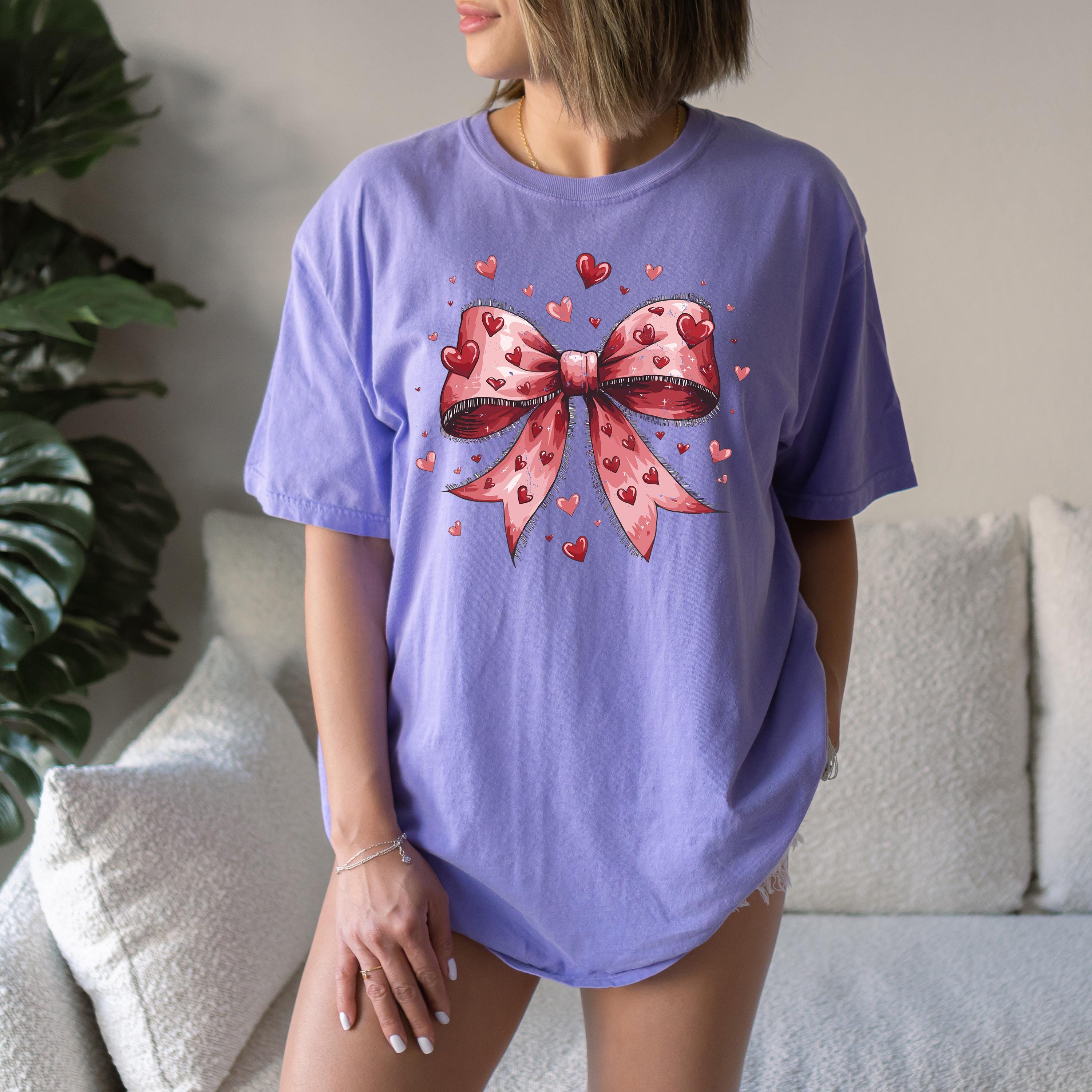 Mini Red Hearts Valentine's Day Comfort Colors Shirt, Cute Pink Bow Valentine Shirt, Retro Bow and Hearts Design, Galentine's Day Tshirt