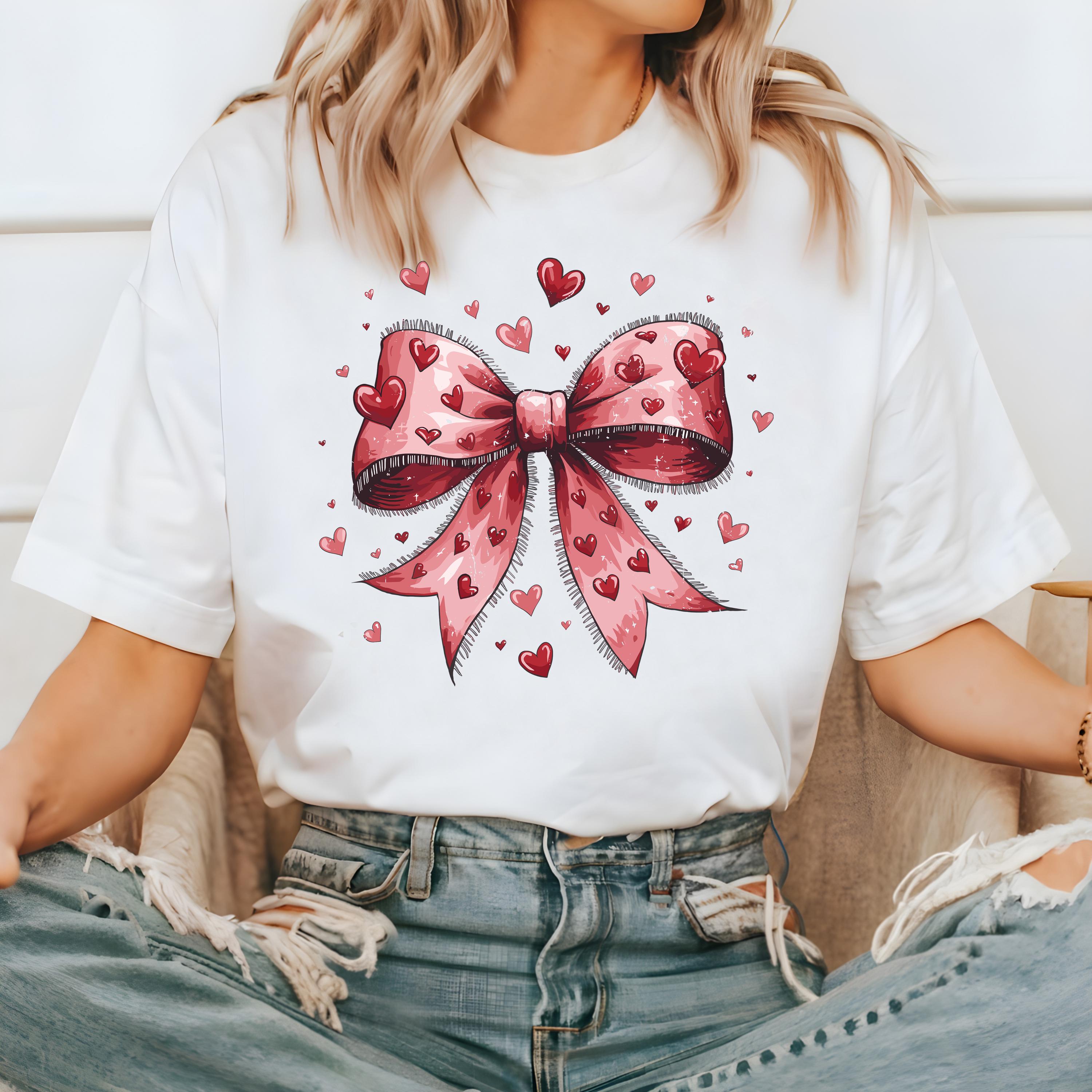 Mini Red Hearts Valentine's Day Comfort Colors Shirt, Cute Pink Bow Valentine Shirt, Retro Bow and Hearts Design, Galentine's Day Tshirt