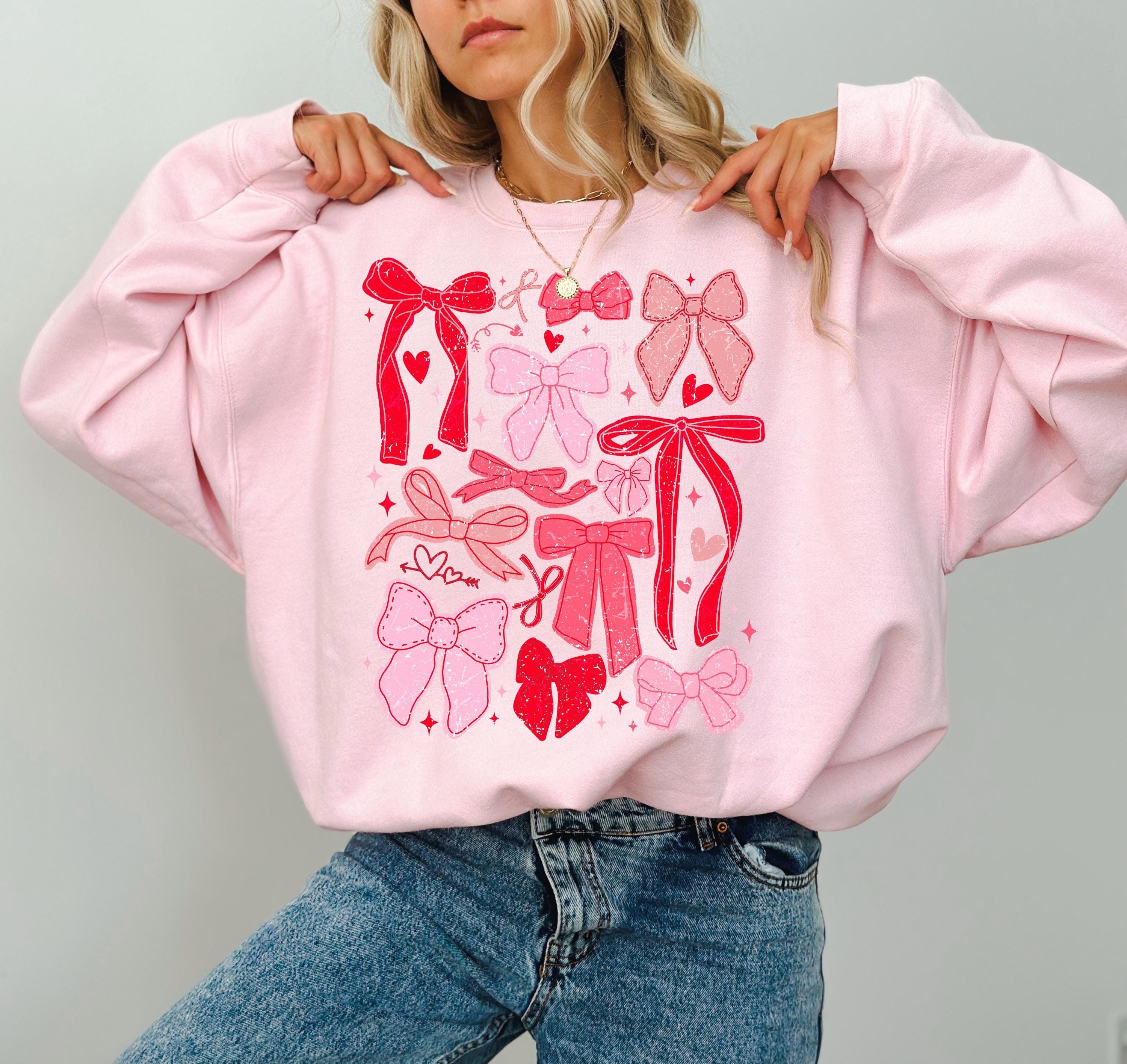 Pink and Red Bows Crewneck, Retro Valentines Sweatshirt, Trendy Valentines Day TShirt, Galentine's Day Sweatshirt, Cute Trendy Bow Design