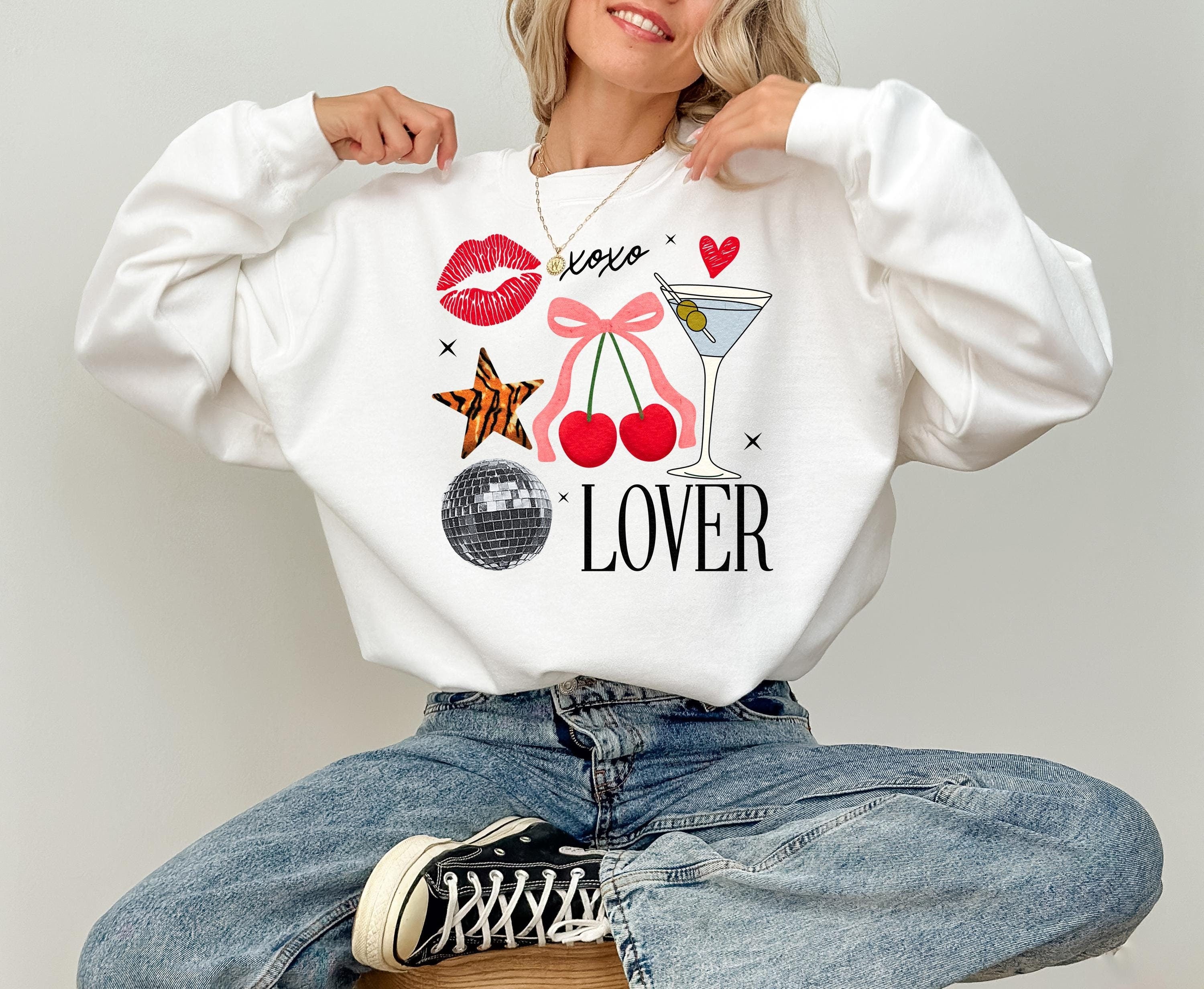 Valentines's Day Collage Crewneck, Retro Valentines Sweatshirt, Lover, Cherries, Martini TShirt, Galentine's Day Pullover, Disco Ball Design