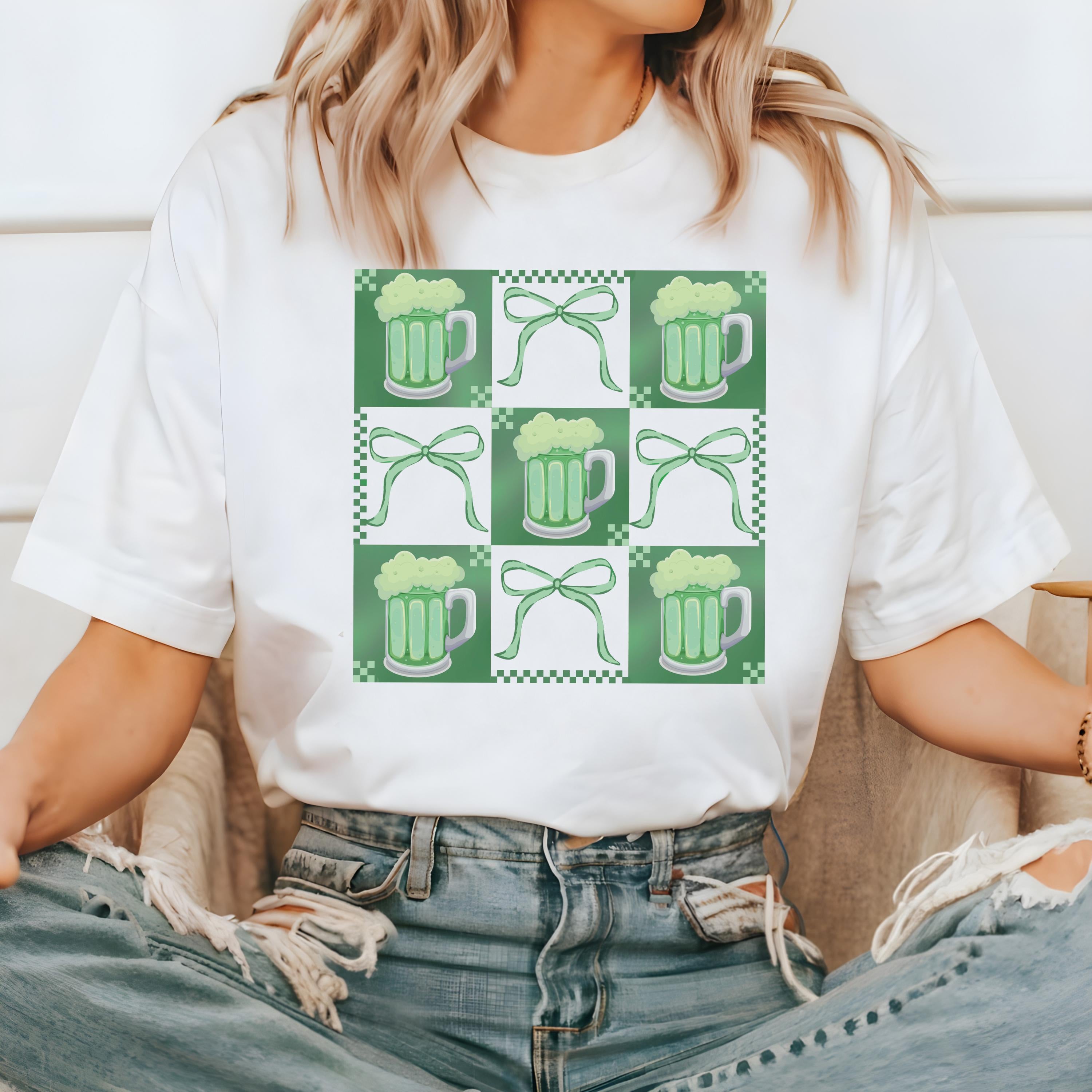Green Beer Day St Patty's Day Comfort Colors Shirt Vintage St Patricks Day Shirt St Paddy's Day Four Leaf Clover Shirt Lucky Green Bow Shirt