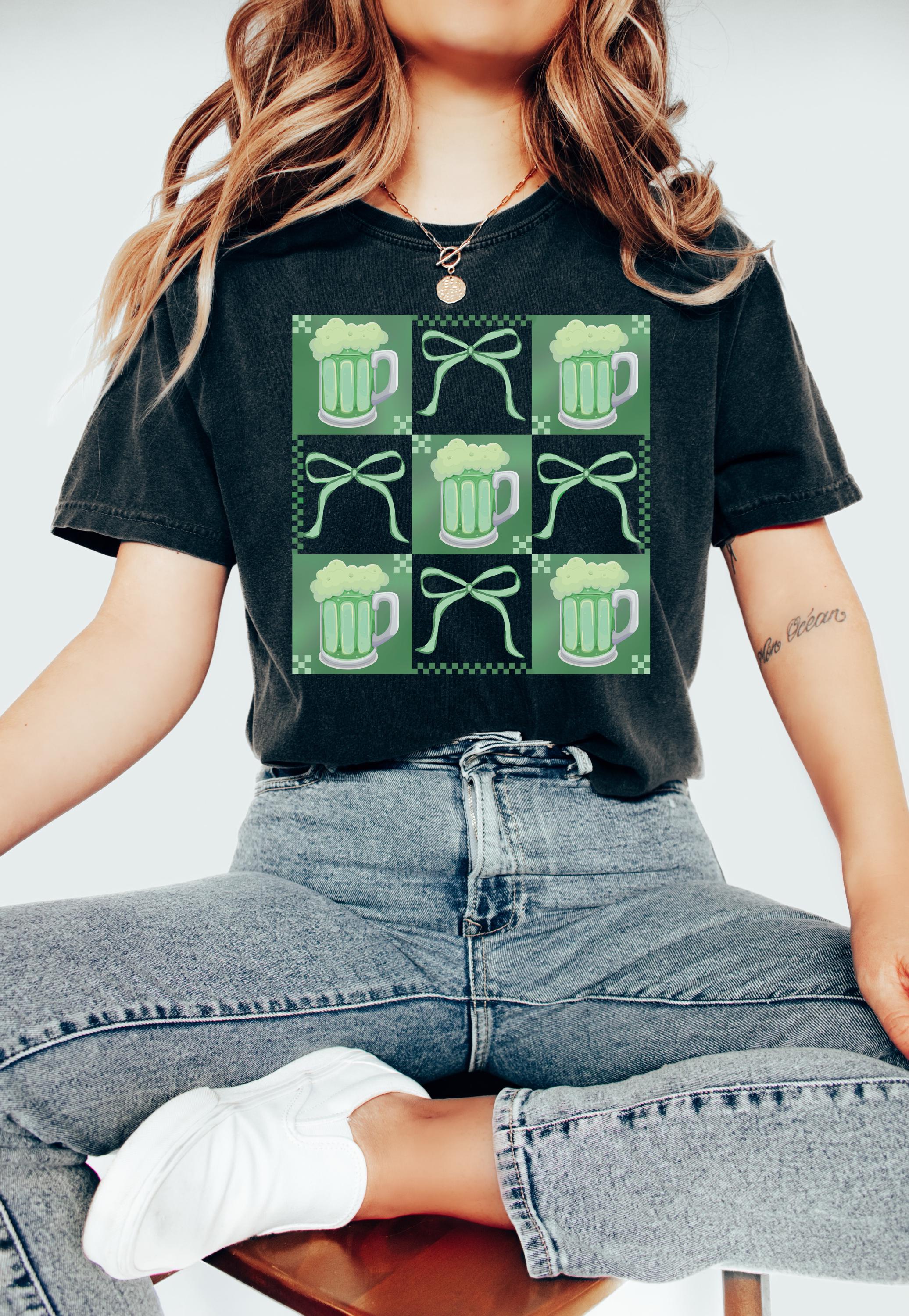 Green Beer Day St Patty's Day Comfort Colors Shirt Vintage St Patricks Day Shirt St Paddy's Day Four Leaf Clover Shirt Lucky Green Bow Shirt