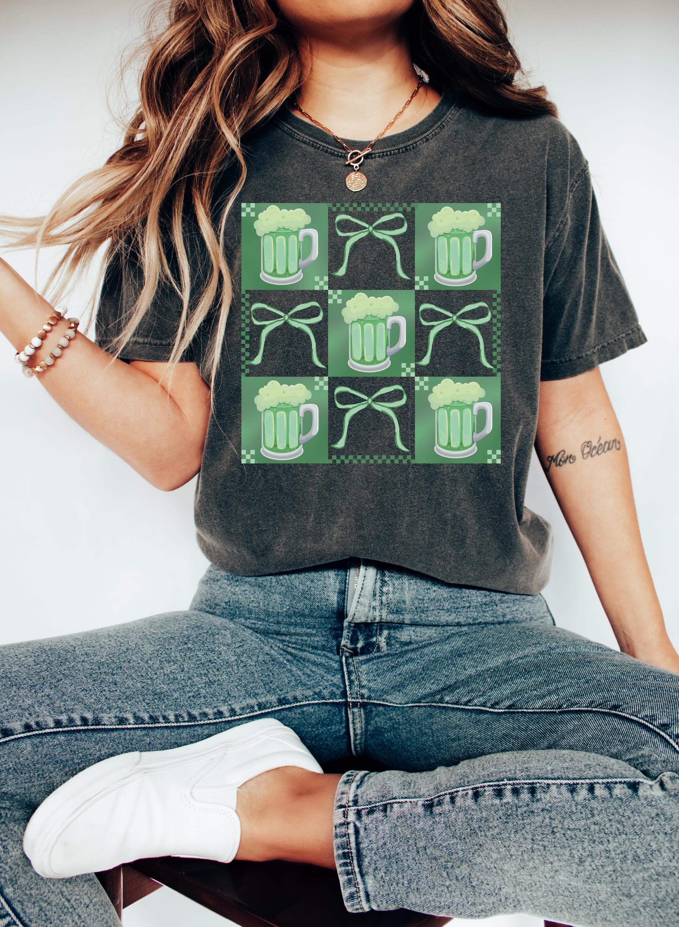 Green Beer Day St Patty's Day Comfort Colors Shirt Vintage St Patricks Day Shirt St Paddy's Day Four Leaf Clover Shirt Lucky Green Bow Shirt