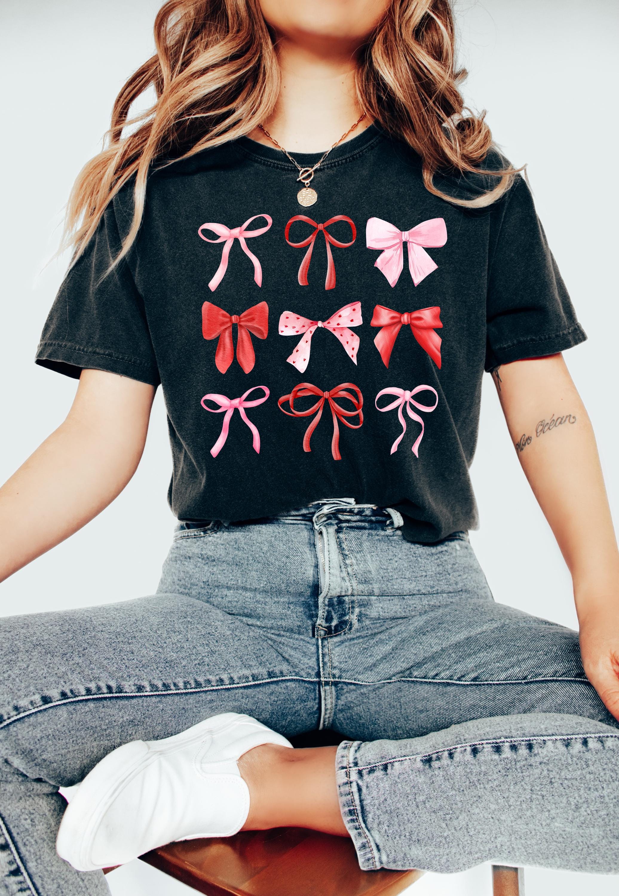 Valentine's Day Comfort Colors Shirt, Cute Pink and Red Bows Valentine Shirt, Valentine's Design, Galentine's Day 2025, Trendy Bow Shirt