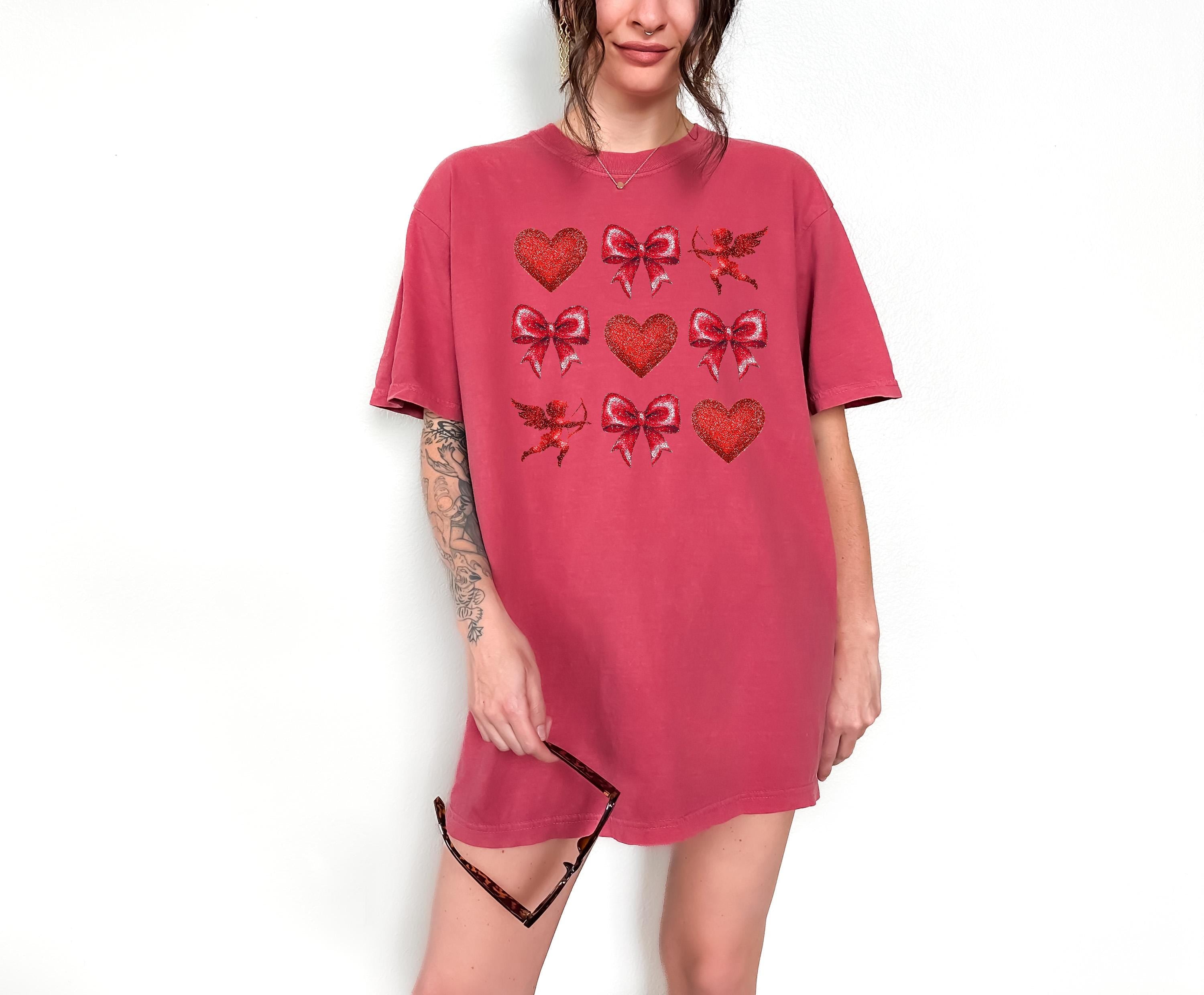 Valentine's Day Comfort Colors Shirt, Cute Red Heart and Red Bows Valentine Shirt, Retro Baby Cupid Design, Galentine's Day 2025