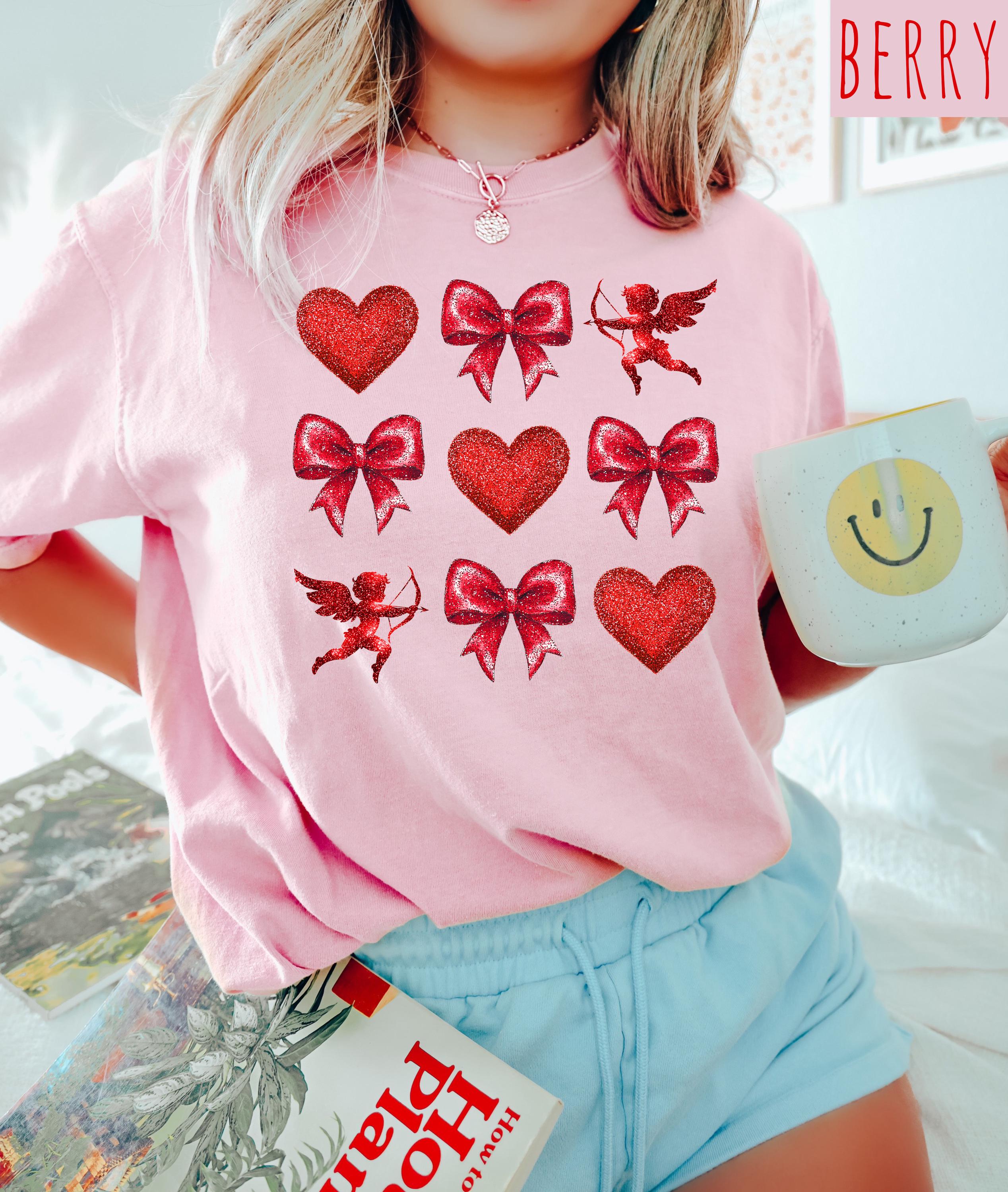 Valentine's Day Comfort Colors Shirt, Cute Red Heart and Red Bows Valentine Shirt, Retro Baby Cupid Design, Galentine's Day 2025