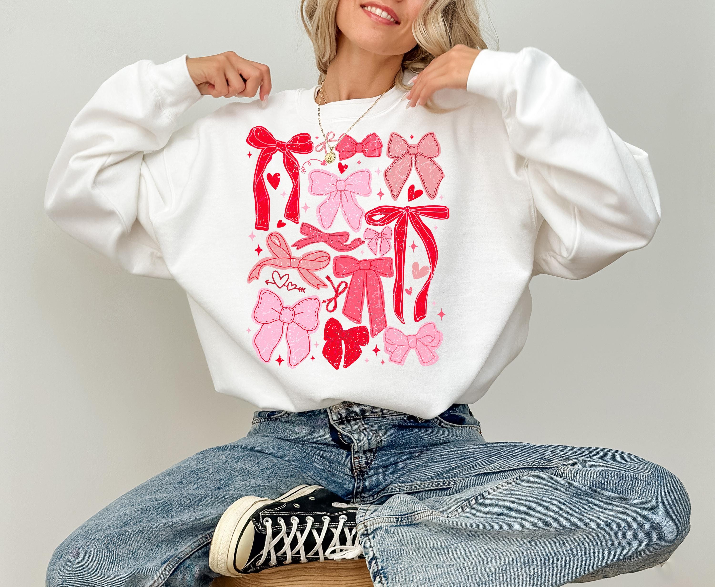 Pink and Red Bows Crewneck, Retro Valentines Sweatshirt, Trendy Valentines Day TShirt, Galentine's Day Sweatshirt, Cute Trendy Bow Design