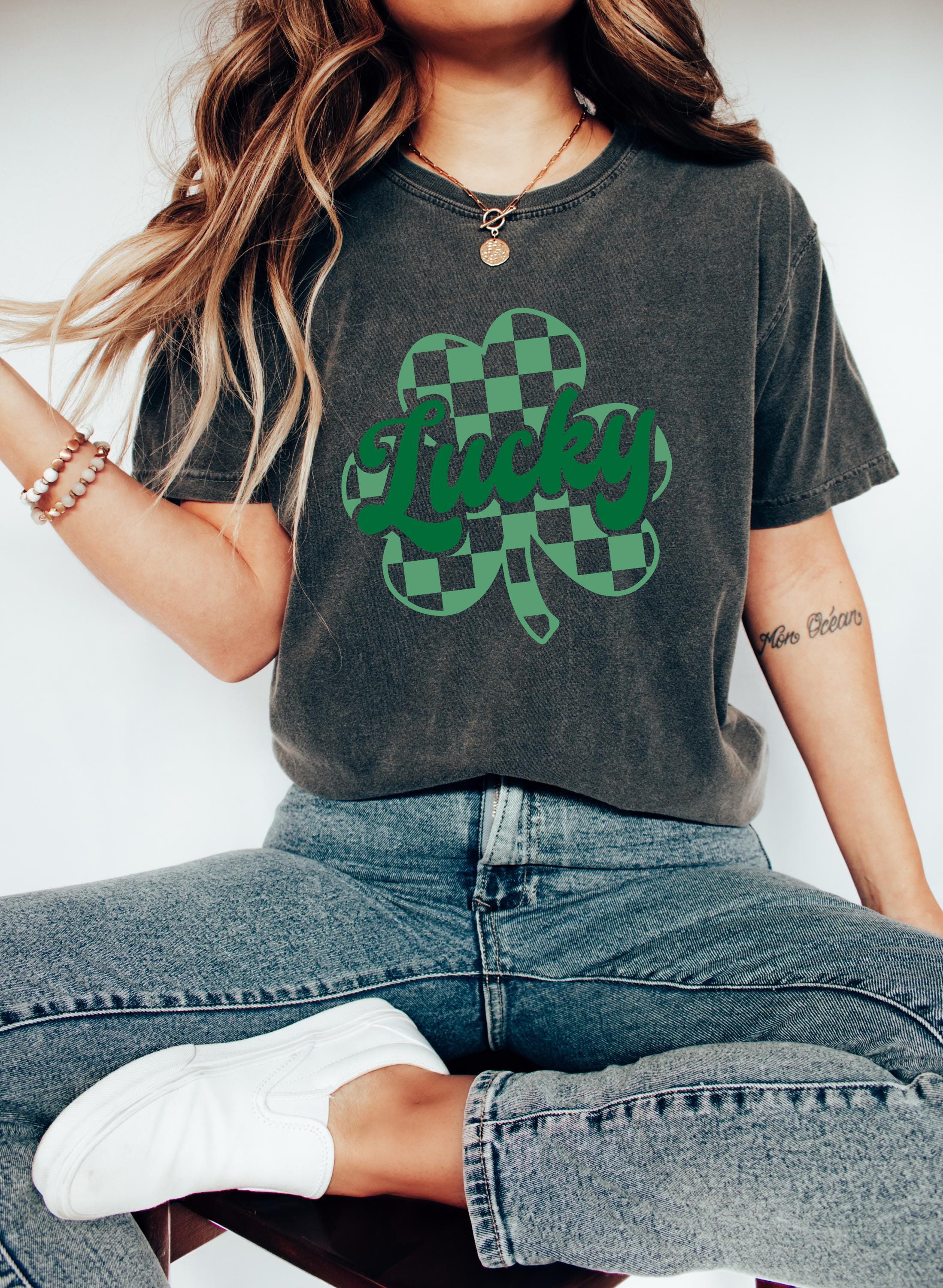 Checkered Shamrock St Patty's Day Comfort Colors Shirt, Vintage St Patricks Day Shirt, St Paddy's Day Four Leaf Clover Shirt, Lucky T Shirt