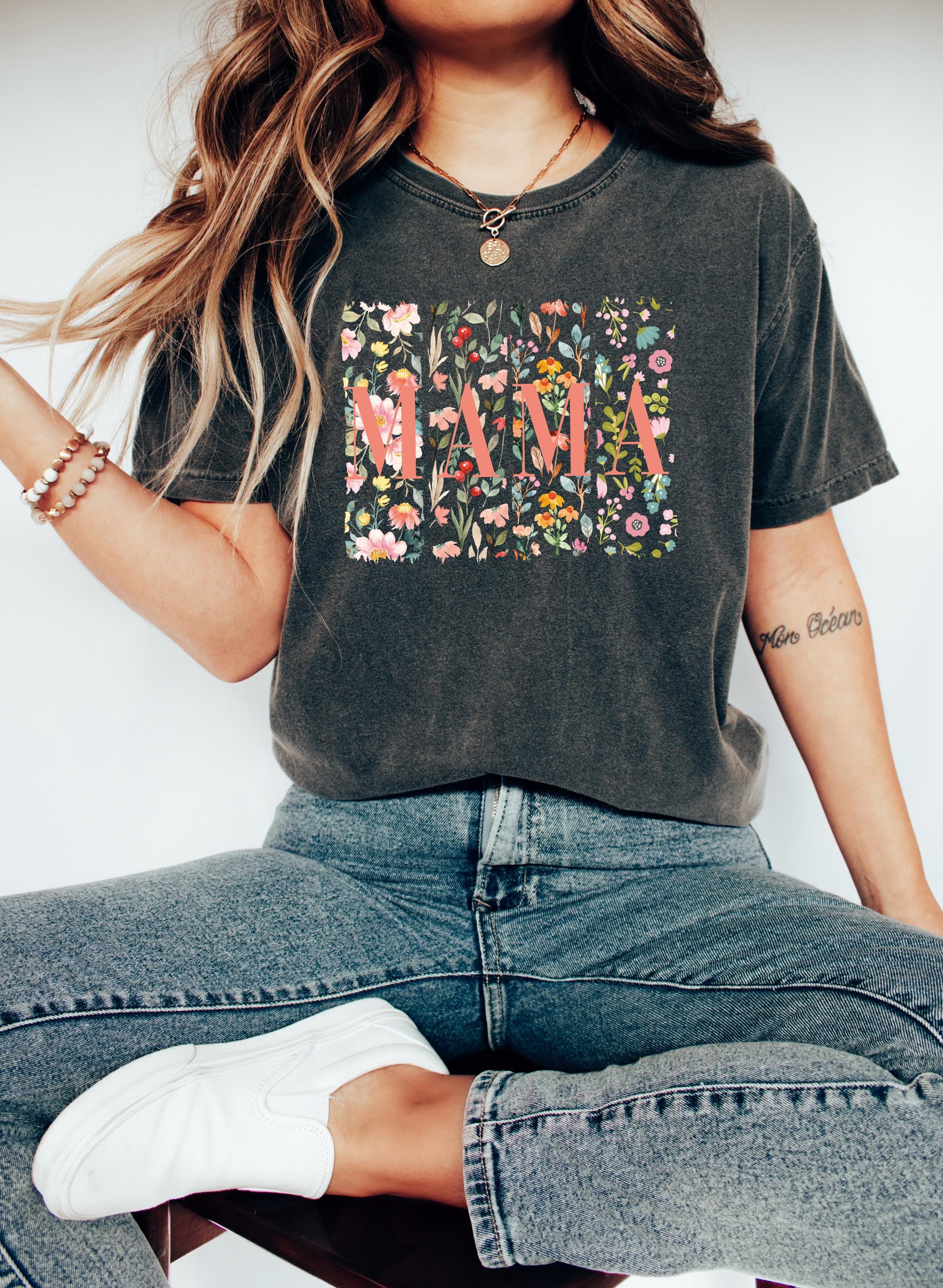 Spring Floral Mama Comfort Colors Tshirt, First Mother's Day T-Shirt, Gift for Mothers Day Gift, Wild Flower Graphic Tshirt