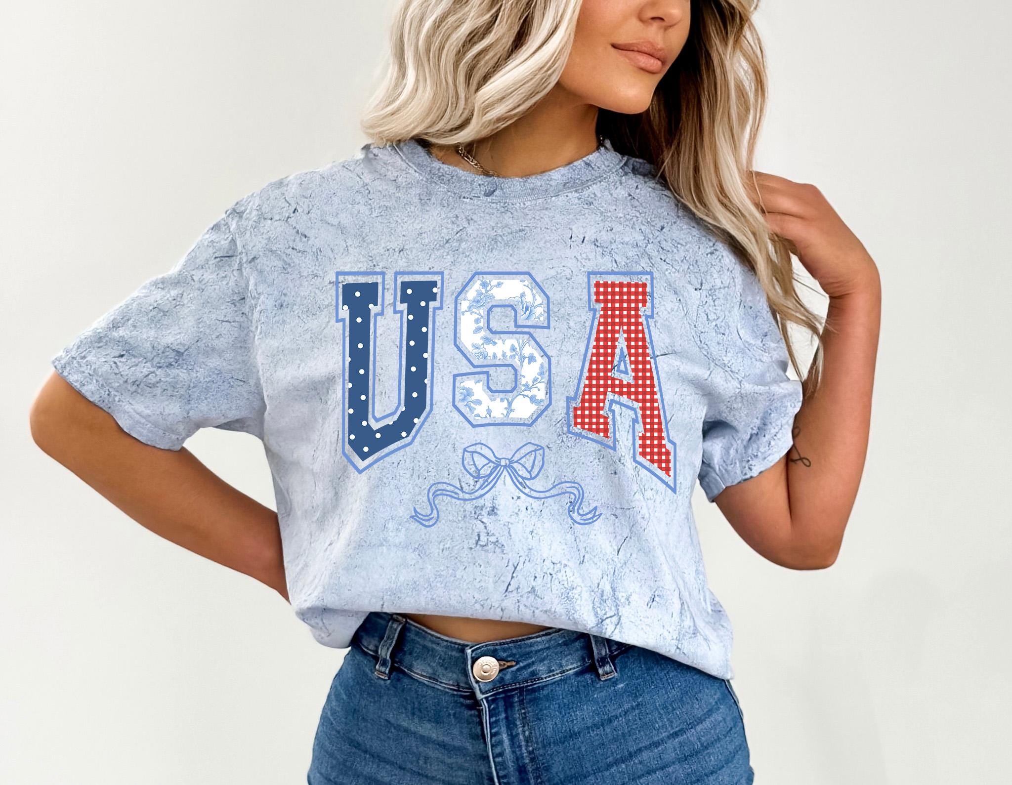 USA Coquette Bow Tie Dye Comfort Colors Shirt, Retro Fourth Shirt, Unisex 4th of July T-Shirt, America Shirt, USA Independence Day