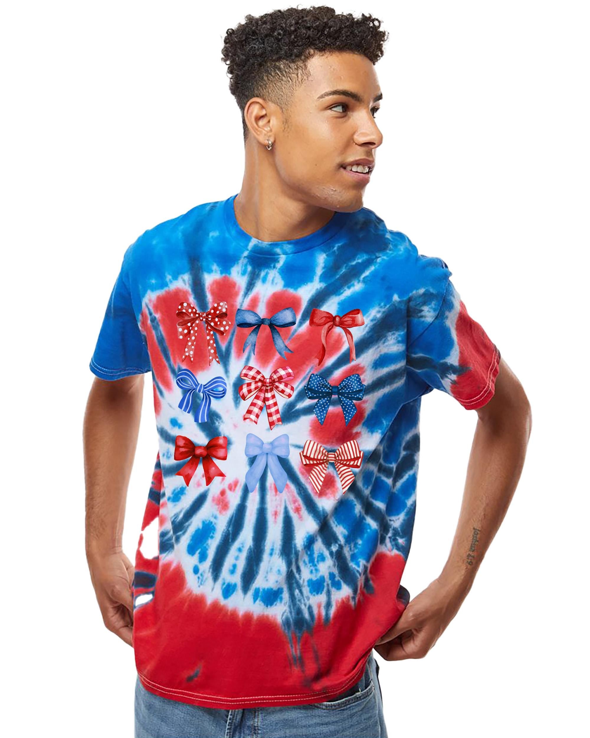 USA Bows Red White Blue Tie Dye Colortone T-shirt, Retro America Shirt, Fourth T, Unisex 4th of July T, Patriotic Independence Day