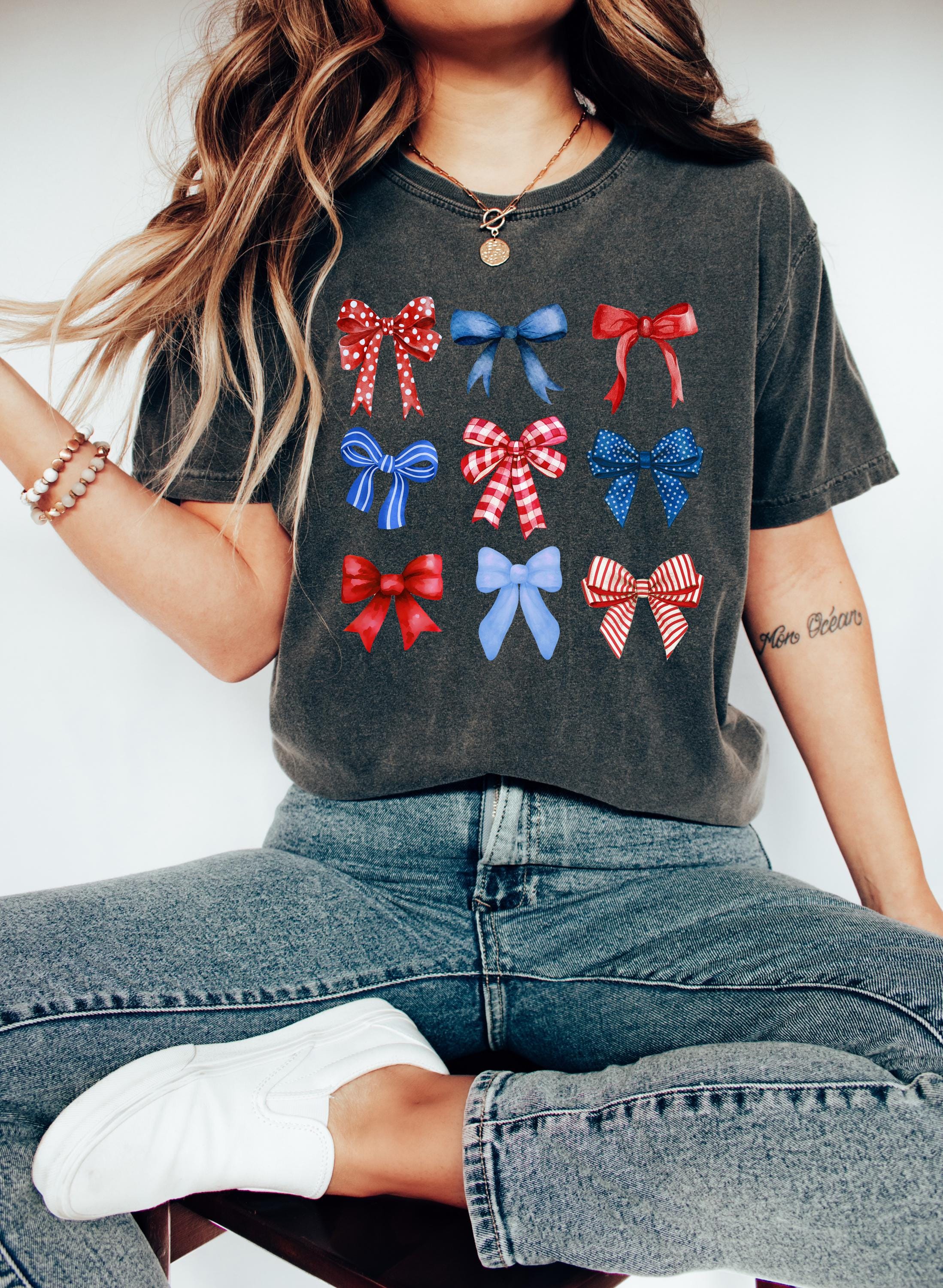 Cute Red White and Blue Bows, Comfort Colors Tshirt, 4th of July T, Fourth shirt, Unisex July 4th T, American Flag Shirt, Independence Day