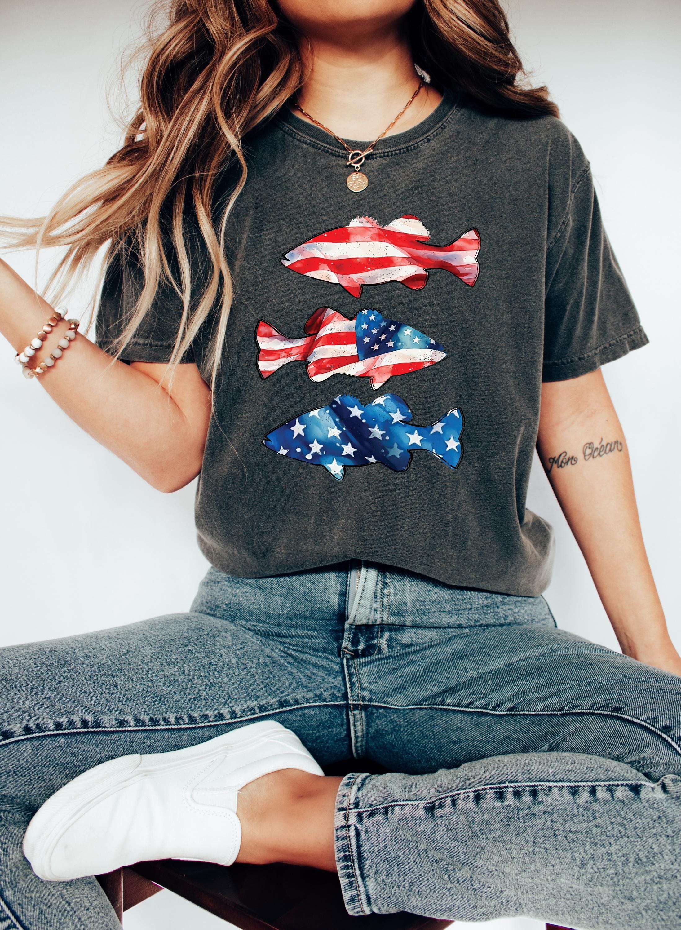 Stars and Stripes Fish Comfort Colors Tshirt, 4th of July tee, Retro fourth shirt, Unisex July 4th T, American Flag Shirt, Independence Day