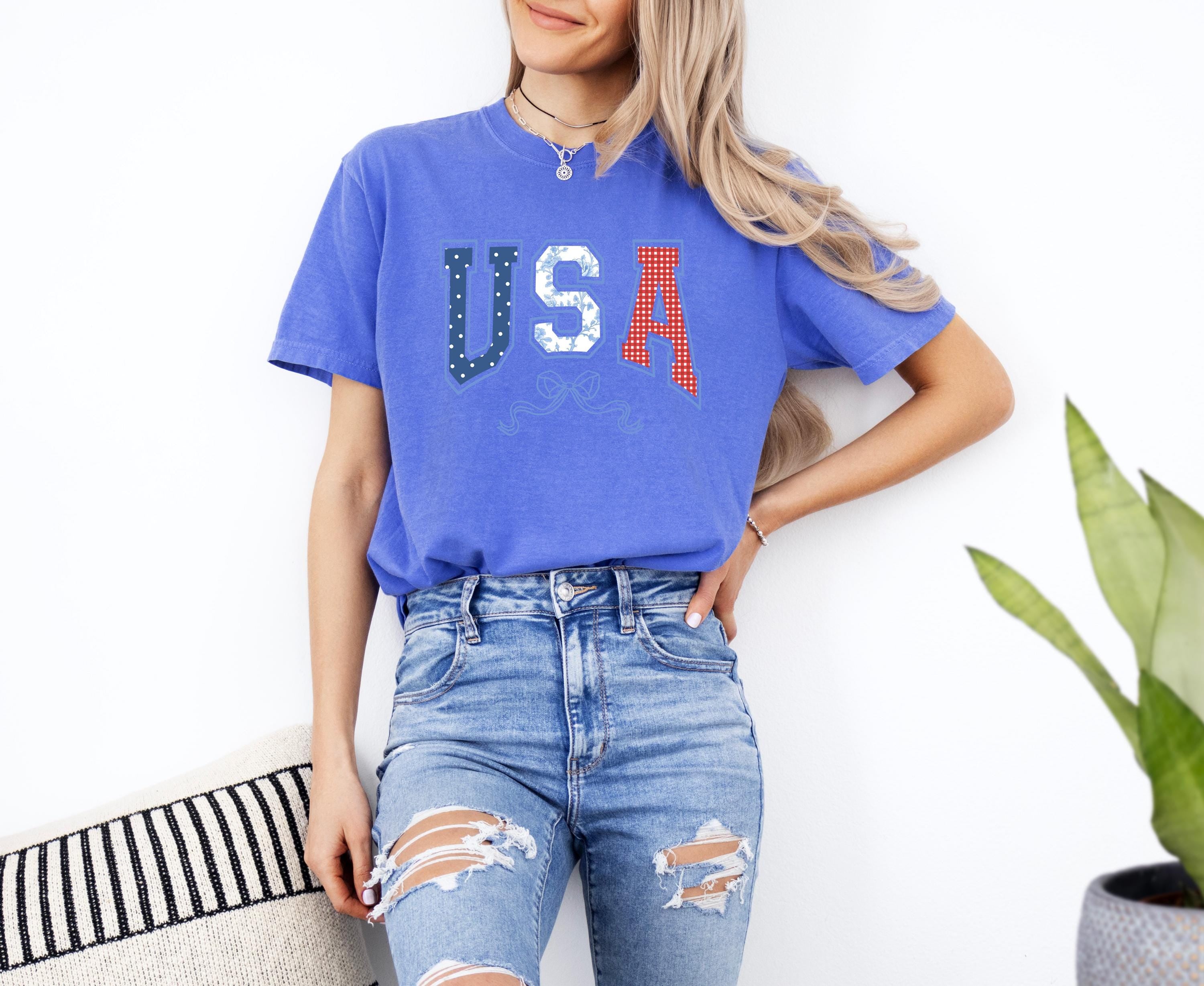 Polka Dot and Gingham USA Comfort Colors Shirt, 4th of July T, Retro fourth shirt, Unisex July 4th T, American Flag Shirt, Independence Day