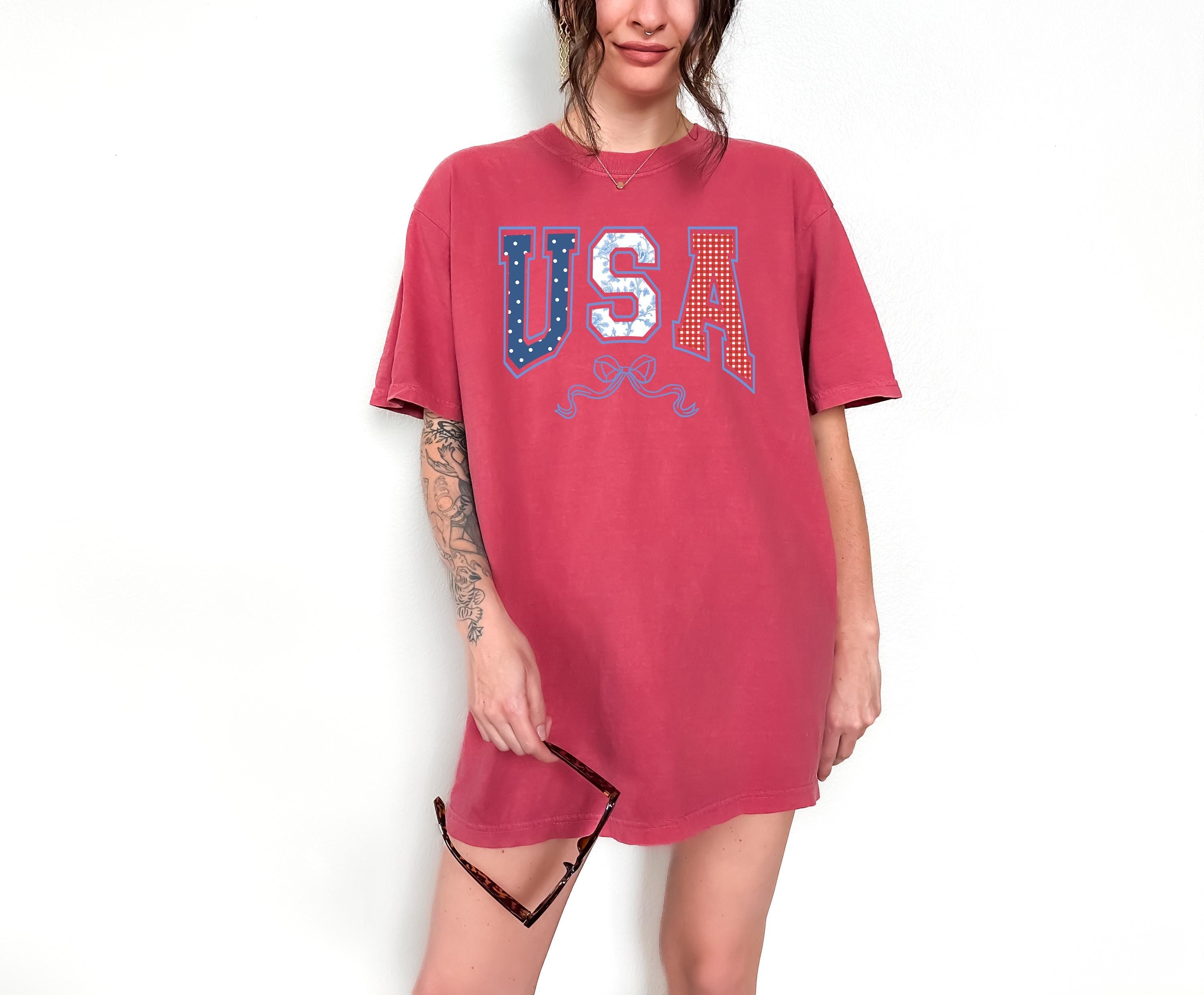 Polka Dot and Gingham USA Comfort Colors Shirt, 4th of July T, Retro fourth shirt, Unisex July 4th T, American Flag Shirt, Independence Day