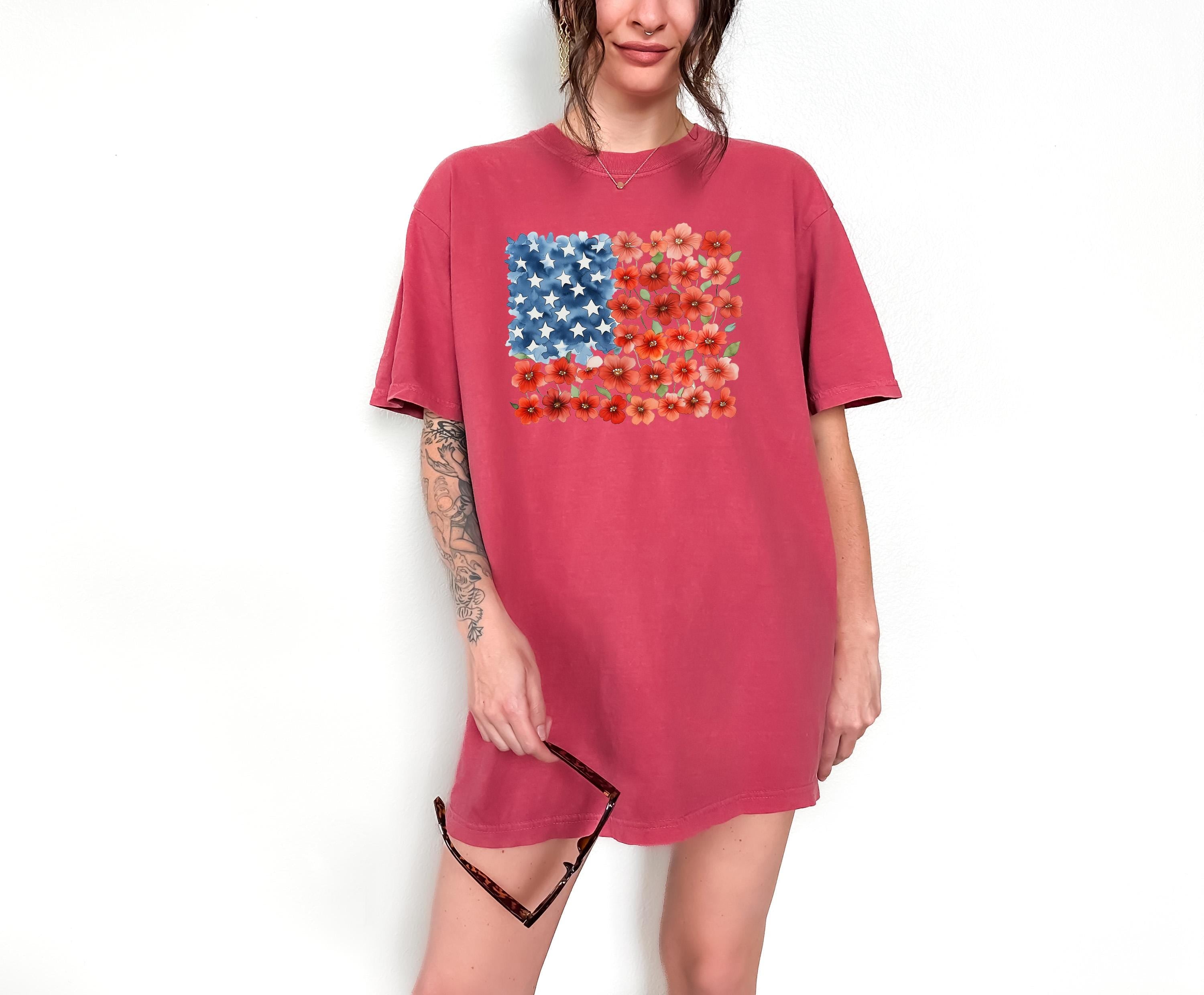 Floral American Flag Stars Comfort Colors Tshirt, USA 4th of July tee, Retro fourth shirt, Unisex July 4th T, Independence Day