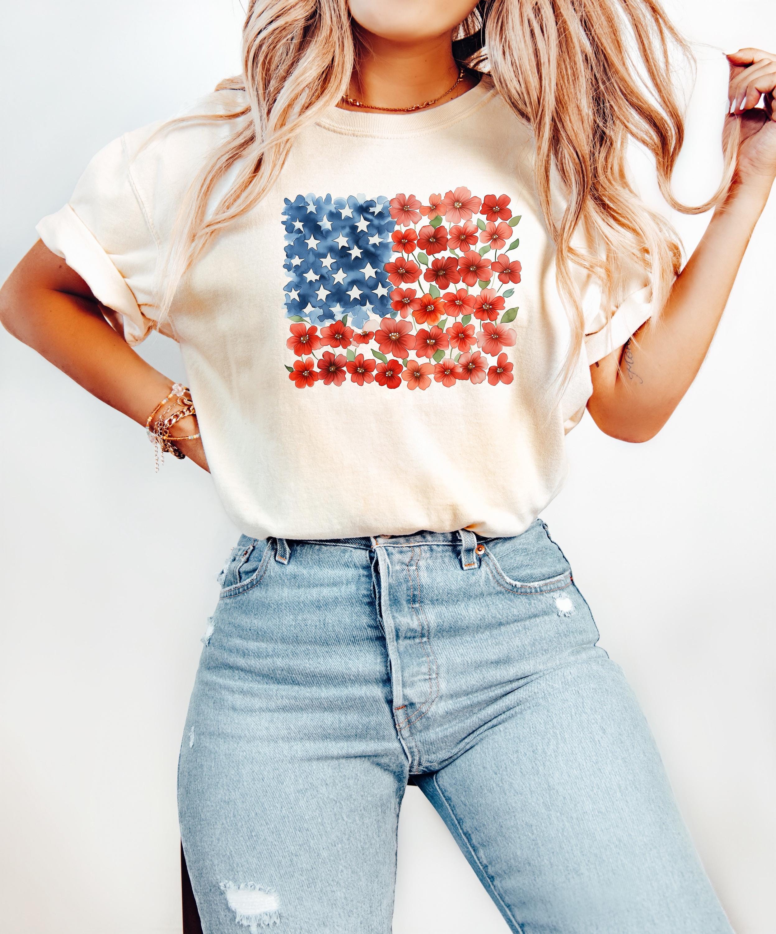 Floral American Flag Stars Comfort Colors Tshirt, USA 4th of July tee, Retro fourth shirt, Unisex July 4th T, Independence Day