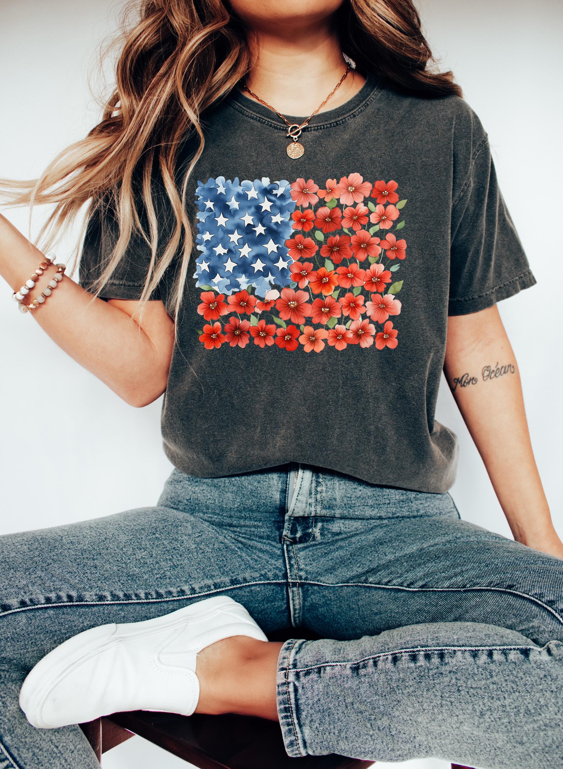 Floral American Flag Stars Comfort Colors Tshirt, USA 4th of July tee, Retro fourth shirt, Unisex July 4th T, Independence Day