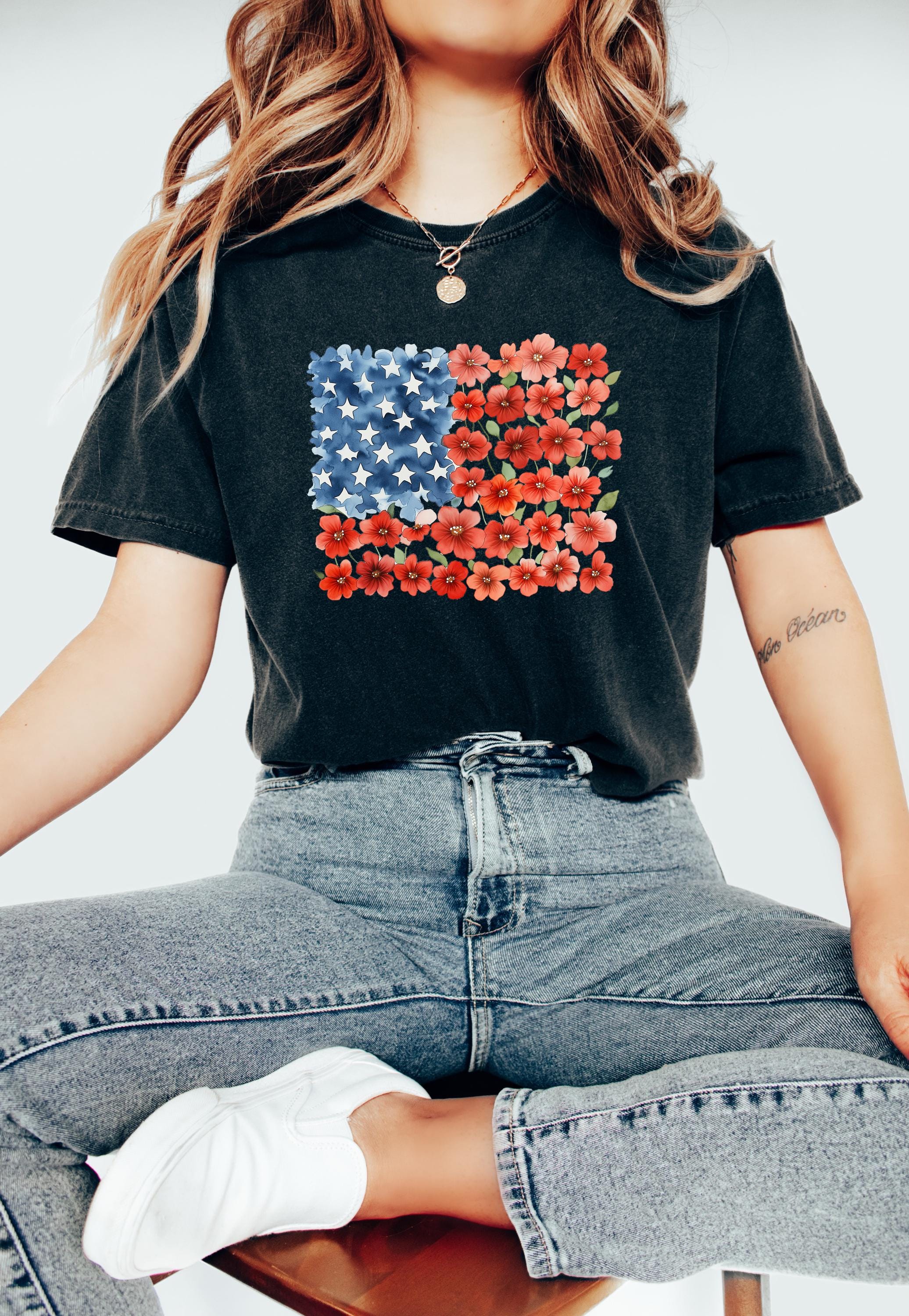 Floral American Flag Stars Comfort Colors Tshirt, USA 4th of July tee, Retro fourth shirt, Unisex July 4th T, Independence Day