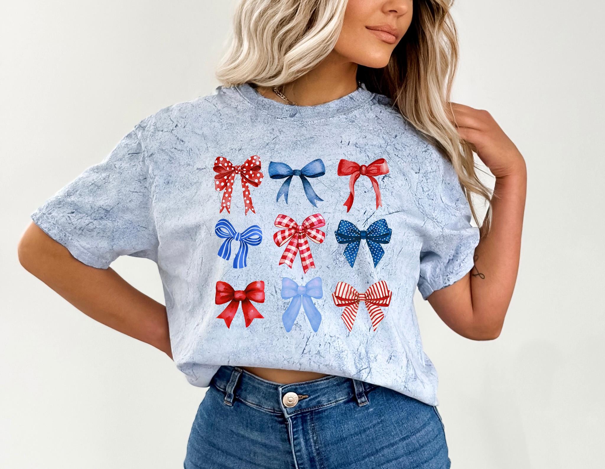 Red White and Blue Bows Tie Dye Comfort Colors shirt, Retro fourth shirt, Women 4th of July shirt, America Patriotic Shirt, Independence