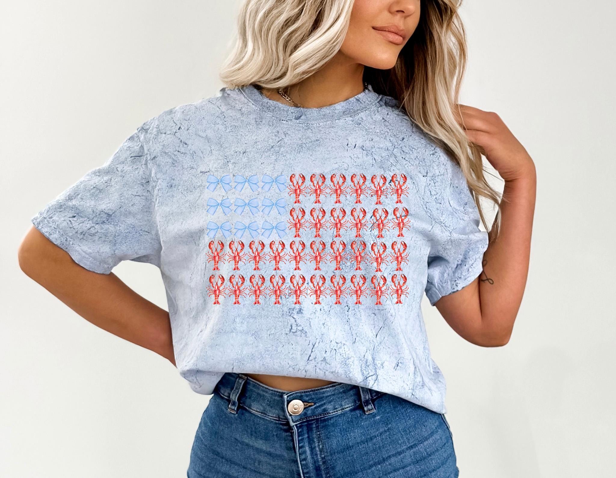 United States Flag Tie Dye Comfort Colors Shirt, Lobster Fourth Shirt, Unisex 4th of July Bow T-Shirt, America Shirt, USA Independence Day