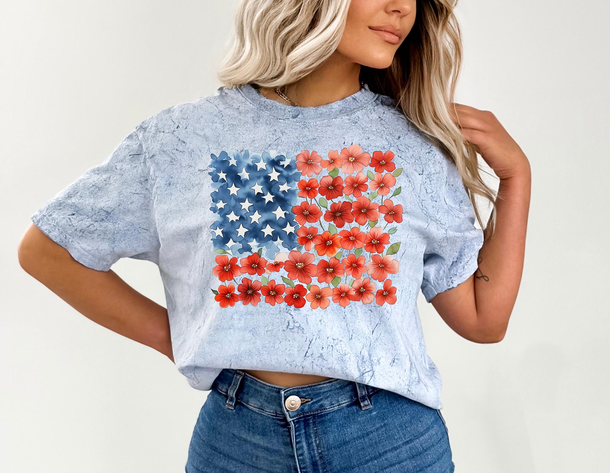 USA Floral Flag Tie Dye Comfort Colors T, Retro Fourth Shirt, Unisex 4th of July T-Shirt, America Shirt, Independence Day, Red Blue Flowers