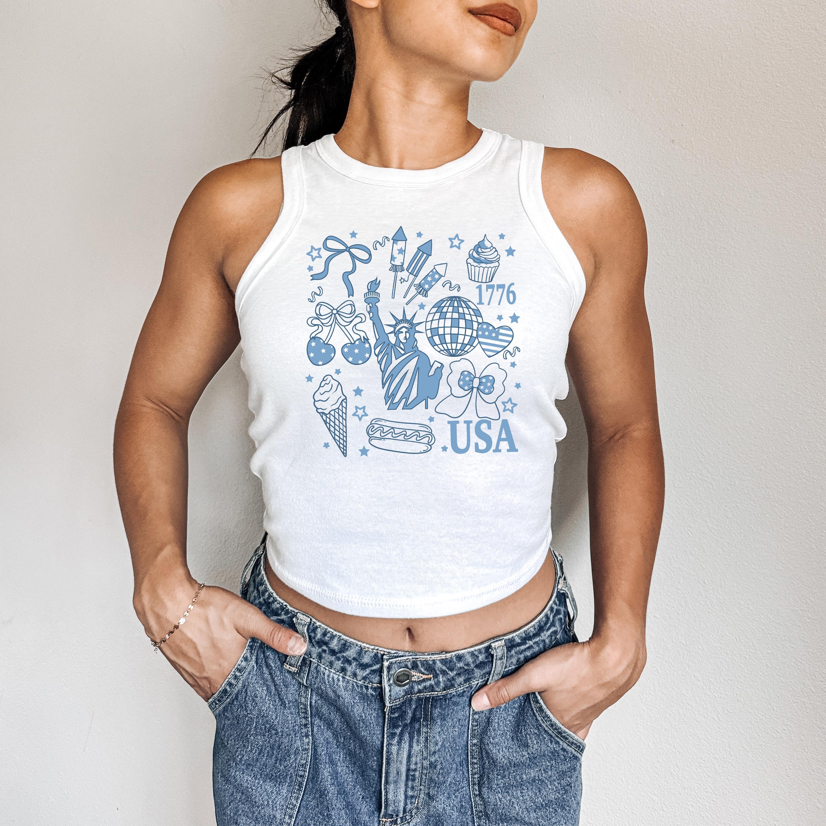 Retro Fourth of July Collage, 4th of July Bella Canvas Tank, Retro fourth shirt, Independence Day, Fire Works, Lady Liberty, USA, Bow Cherry