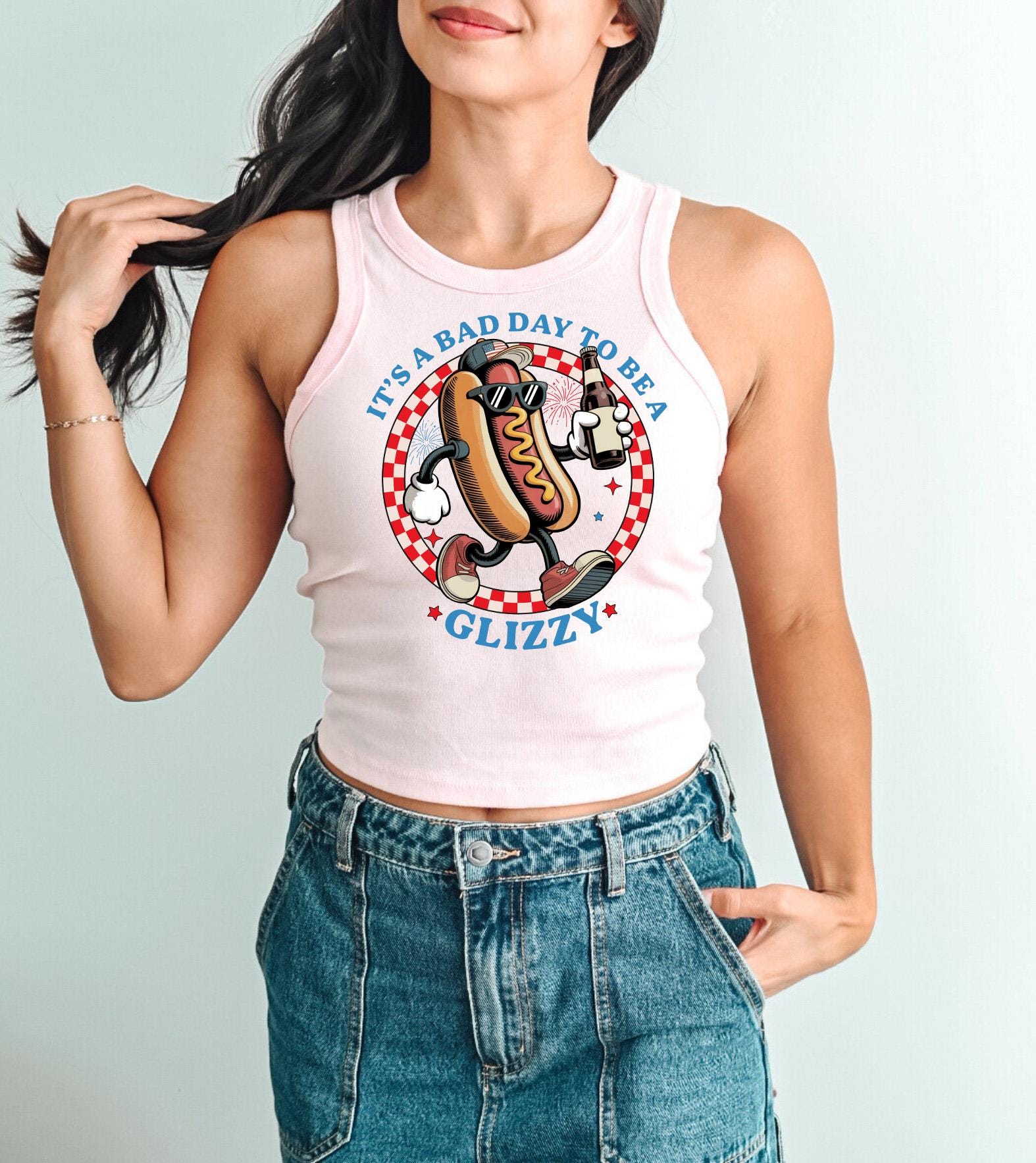 Bad Day To Be A Glizzy Tank, 4th of July Checkered T, Retro fourth Tshirt, Independence Day, Hot Dog Design, American Flag, 1019 Tank Top