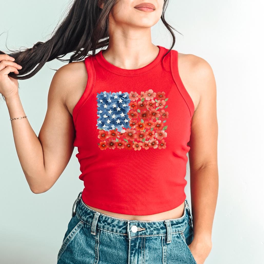 Floral American Flag Tank, 4th of July Stars And Stripes T, July Fourth Shirt, Independence Day Shirt, 1019 Tank Top, Red White And Blue