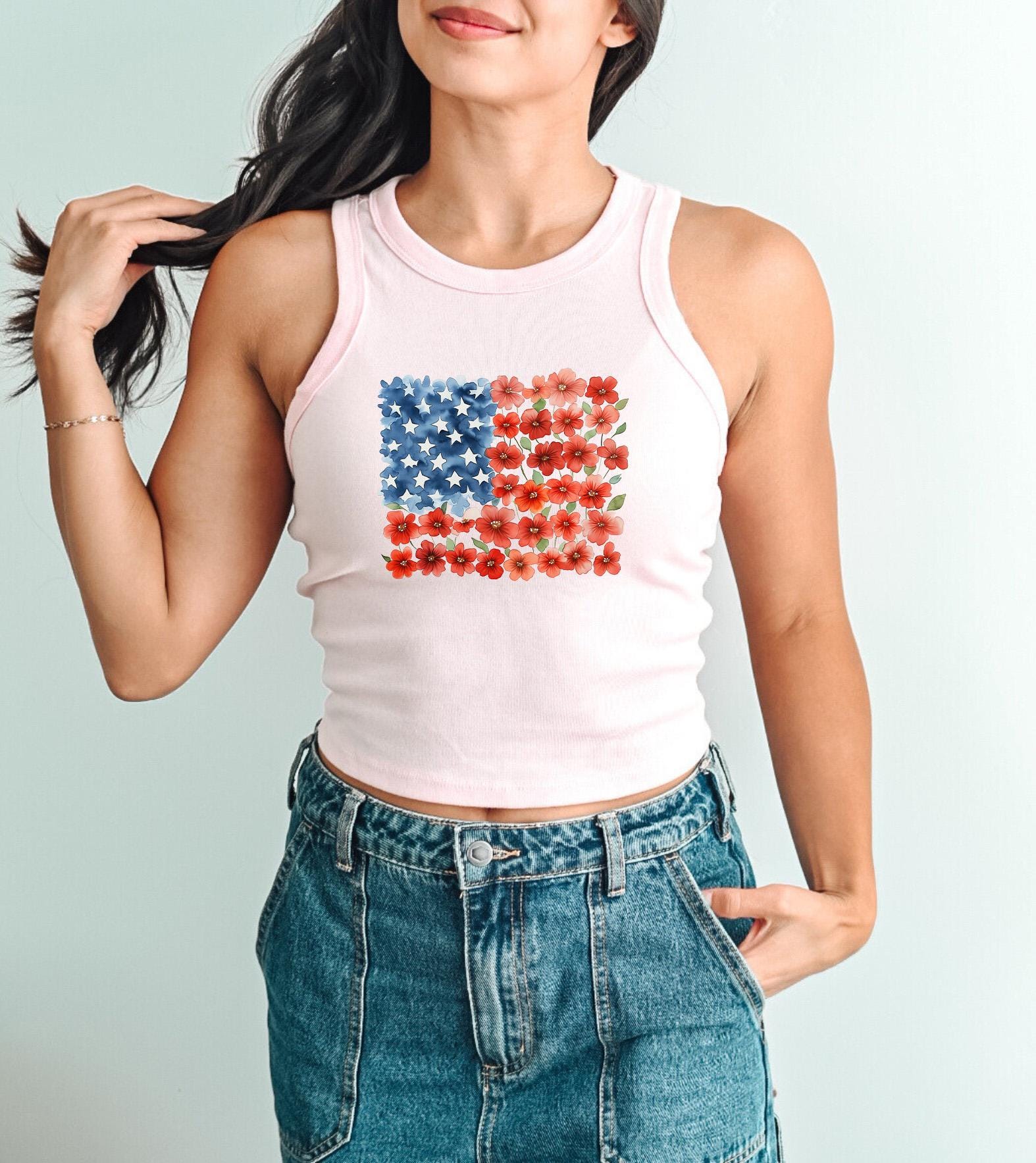 Floral American Flag Tank, 4th of July Stars And Stripes T, July Fourth Shirt, Independence Day Shirt, 1019 Tank Top, Red White And Blue