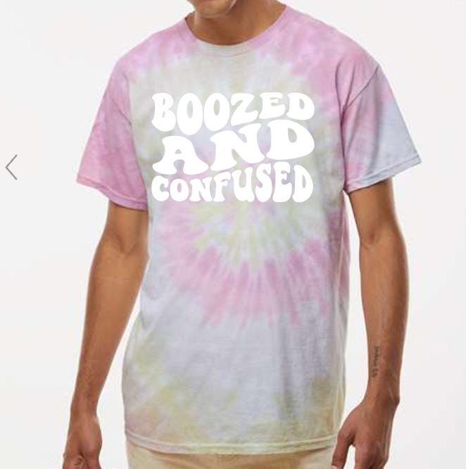 Bachelorette Wavy Tie Dye Party Shirts Boozed and Confused, Gift,Retro Graphic Tee,Bridal Party Shirts,Girls Trip