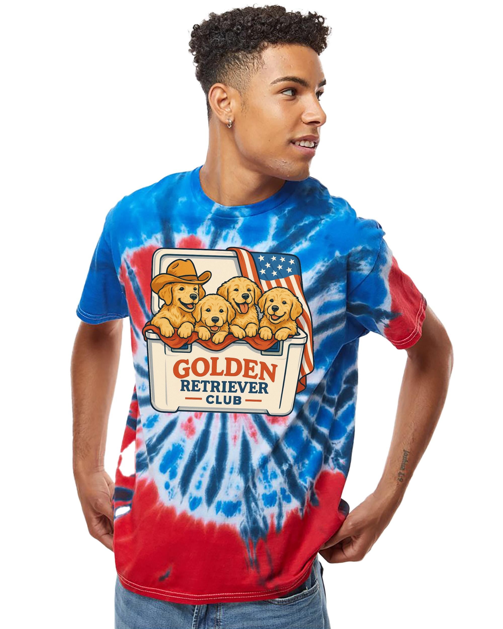 Cute Golden Retriever Design, Red White and Blue Tie Dye Colortone Tshirt, America Shirt, Unisex 4th of July Patriotic T, Independence Day