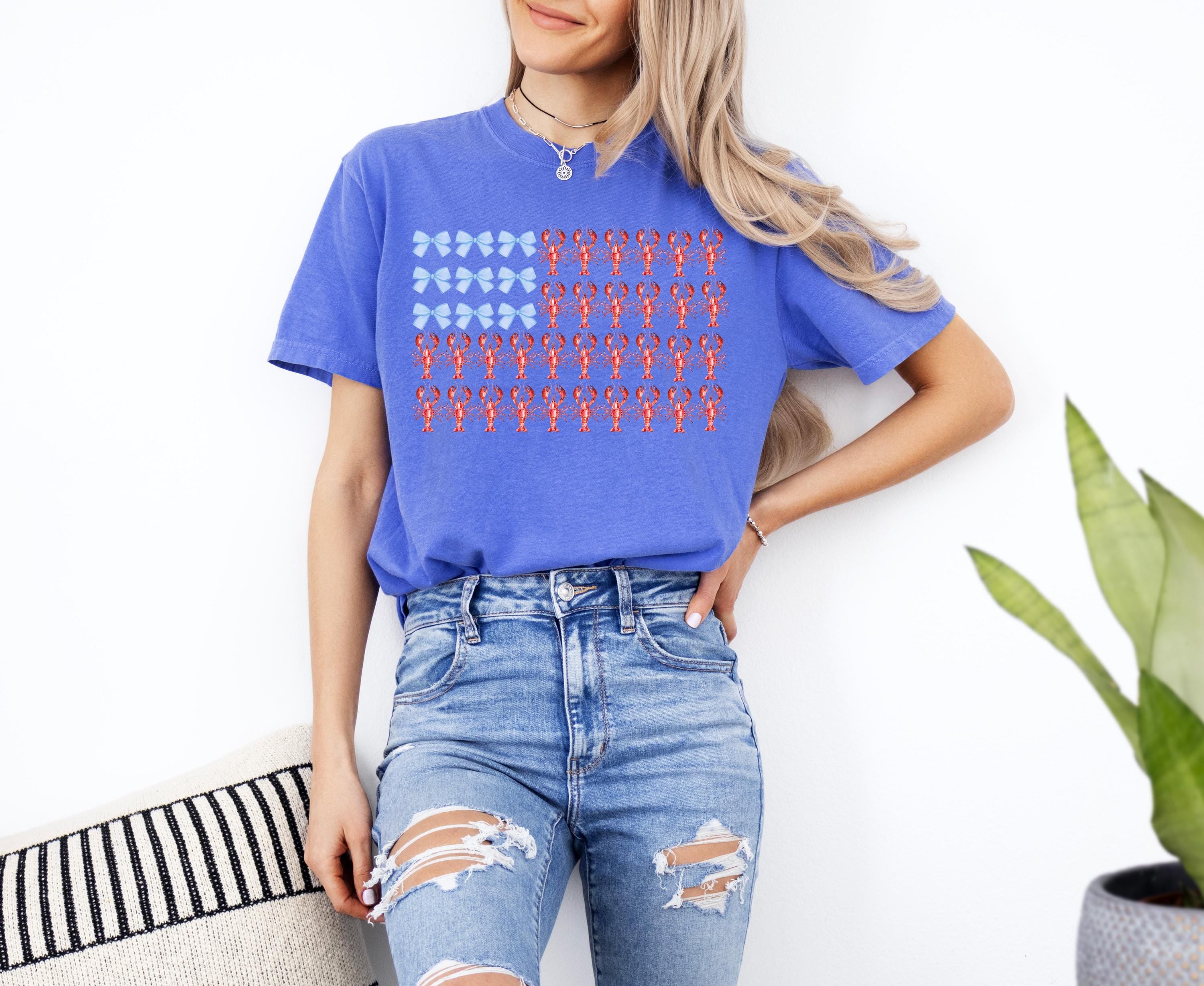 Lobster and bows Comfort Colors Tshirt, 4th of July tee, Retro fourth shirt, Unisex July 4th T, American Flag Shirt, Independence Day
