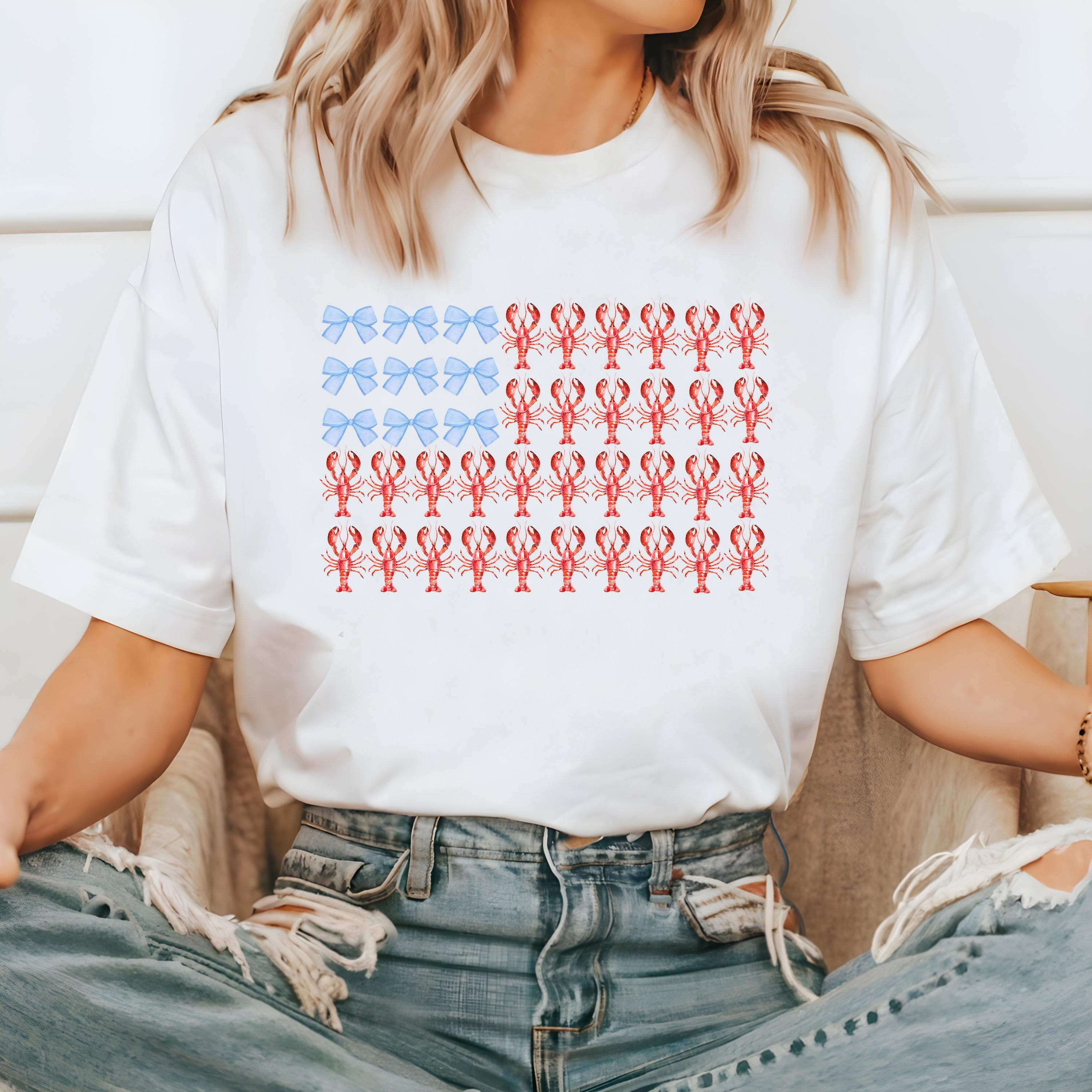 Lobster and bows Comfort Colors Tshirt, 4th of July tee, Retro fourth shirt, Unisex July 4th T, American Flag Shirt, Independence Day