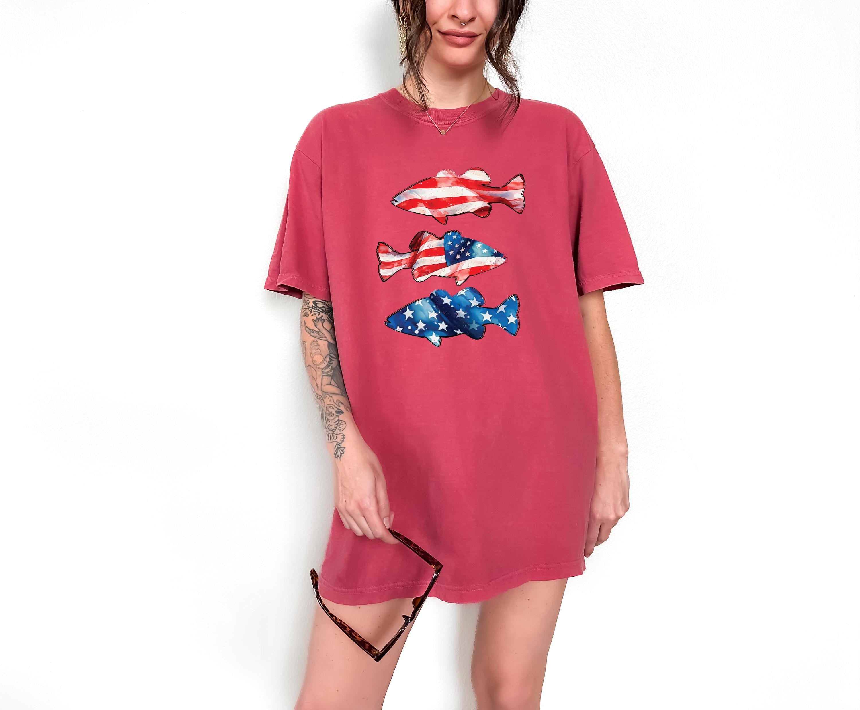 Stars and Stripes Fish Comfort Colors Tshirt, 4th of July tee, Retro fourth shirt, Unisex July 4th T, American Flag Shirt, Independence Day