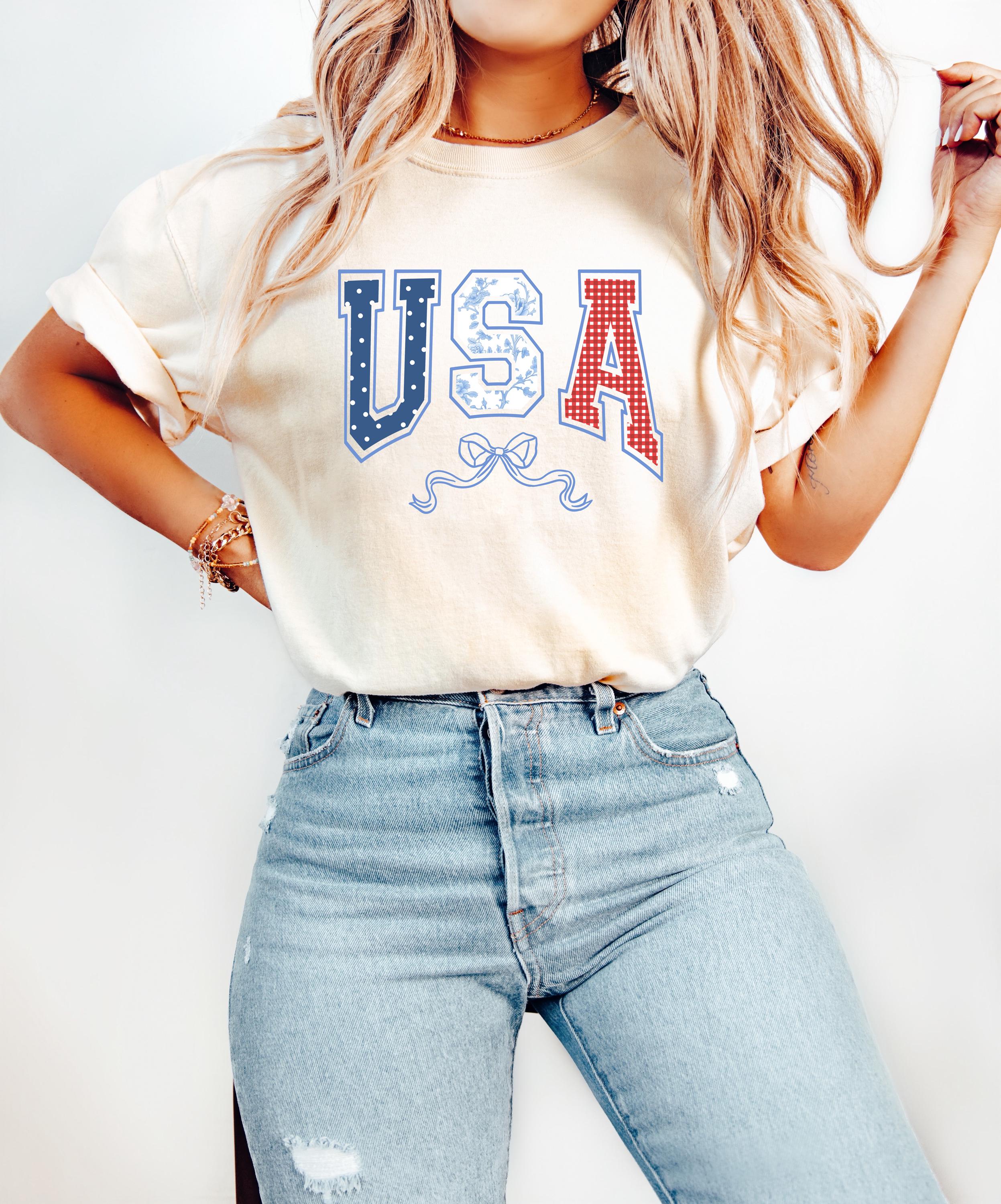 Polka Dot and Gingham USA Comfort Colors Shirt, 4th of July T, Retro fourth shirt, Unisex July 4th T, American Flag Shirt, Independence Day