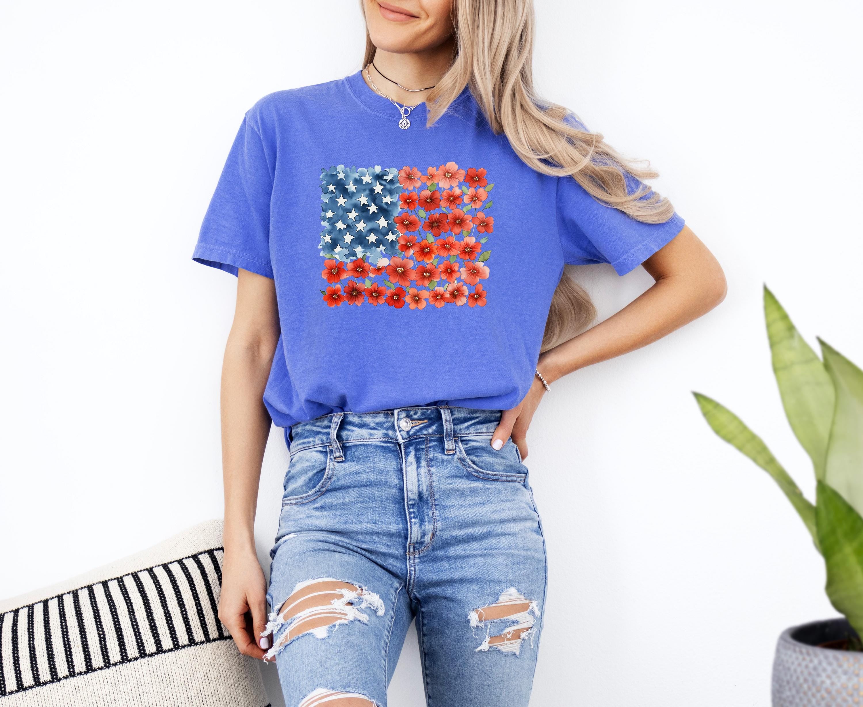 Floral American Flag Stars Comfort Colors Tshirt, USA 4th of July tee, Retro fourth shirt, Unisex July 4th T, Independence Day