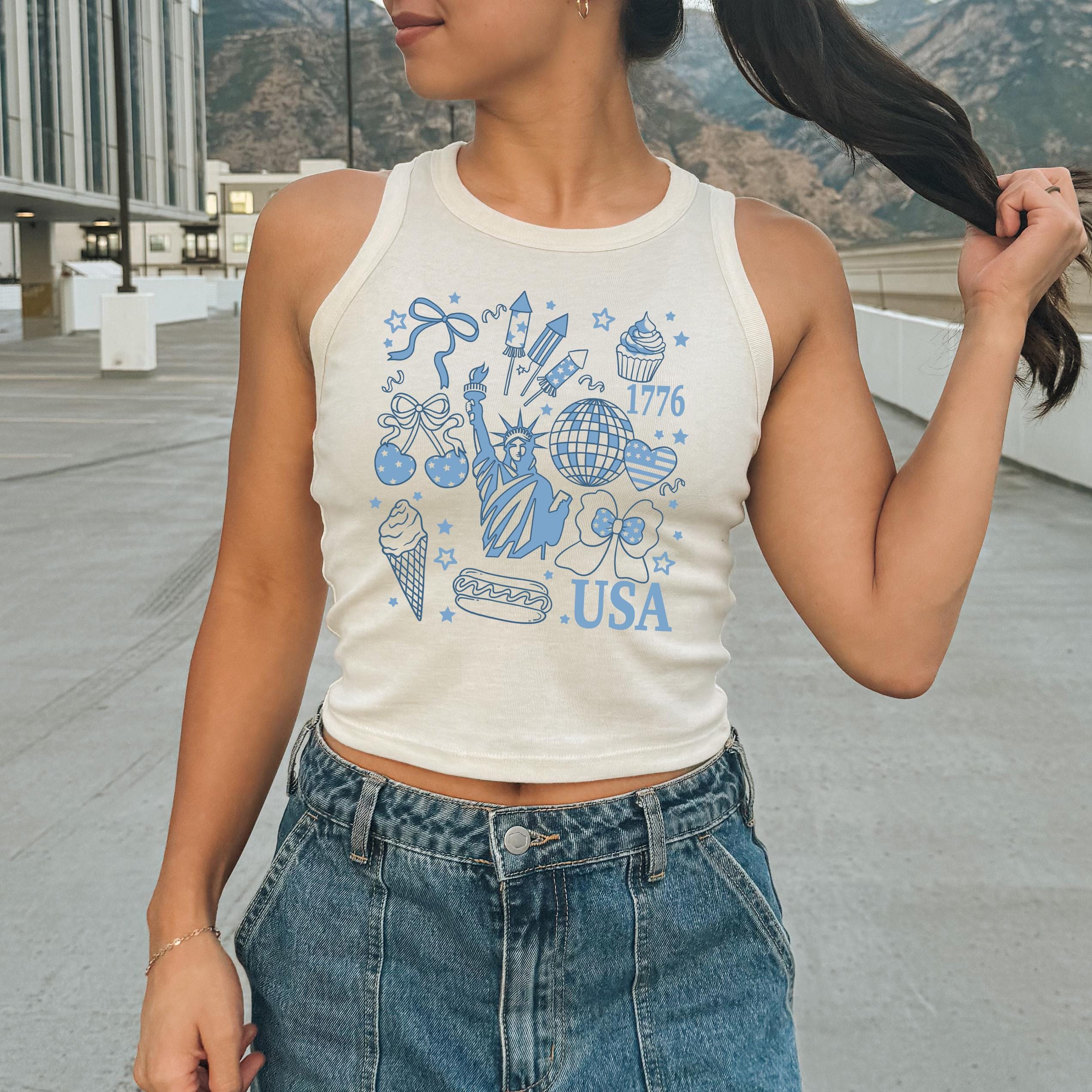 Retro Fourth of July Collage, 4th of July Bella Canvas Tank, Retro fourth shirt, Independence Day, Fire Works, Lady Liberty, USA, Bow Cherry