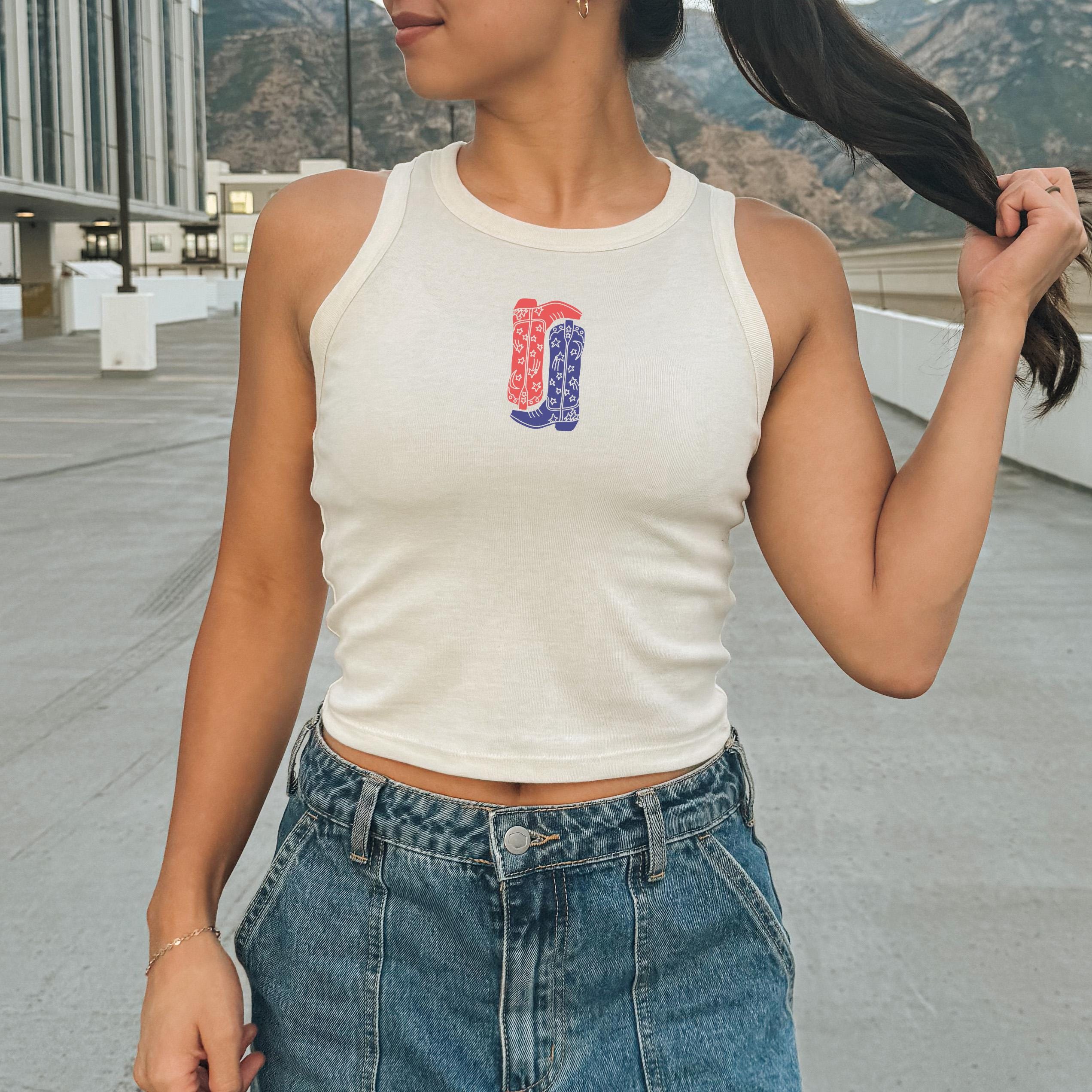 Western Cow Girl Boots Tank, 4th of July Red and Blue T, Retro fourth Shirt, Independence Day, Baby Tee Design, American Flag, 1019 Tank Top
