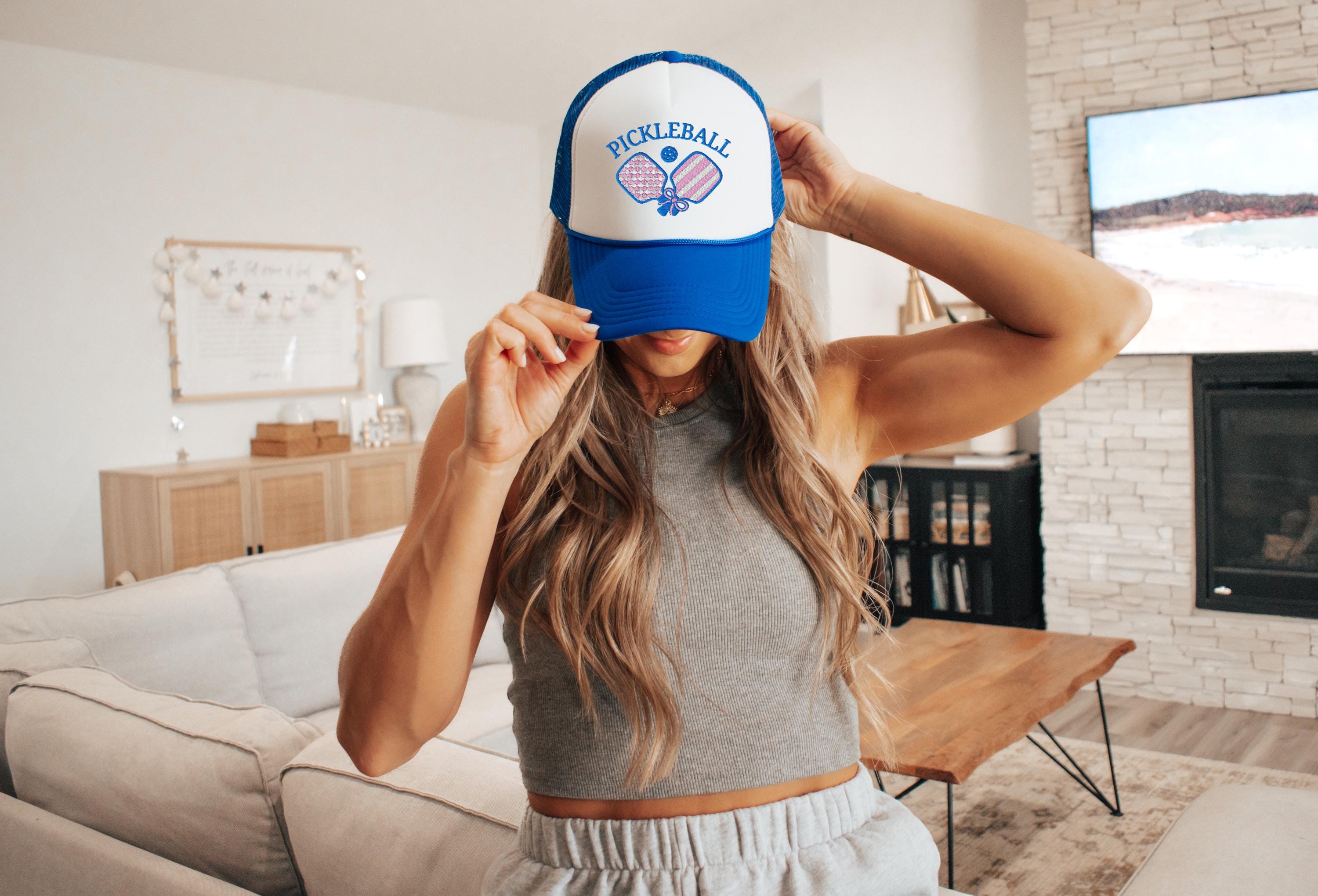 Embroidered Blue and Pink Pickleball Hat, Pickleball Foam Hat, Pickleball Social Club, Snapback Adjustable, Mens and Women's, Trucker Hat