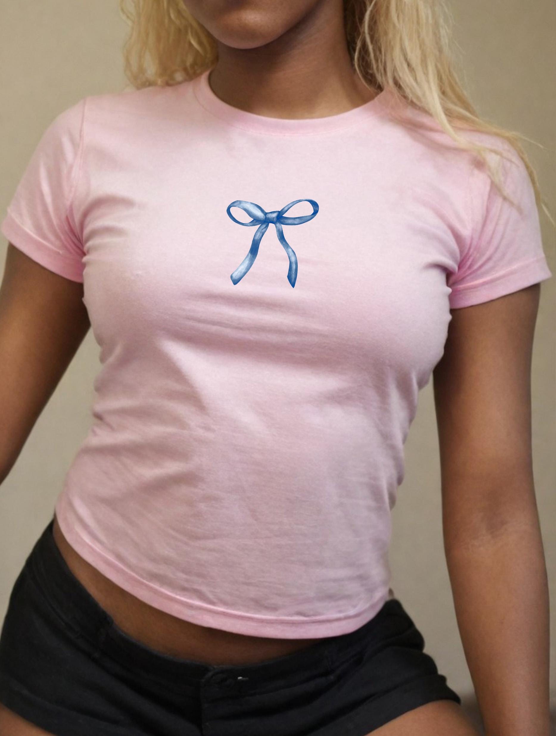 Blue Bow Baby Tee, Baby Tee, Cute Bow Graphic T, 90s TShirt, Bow Tee, Girly y2k baby tee, 90s baby tee, y2k, Crop