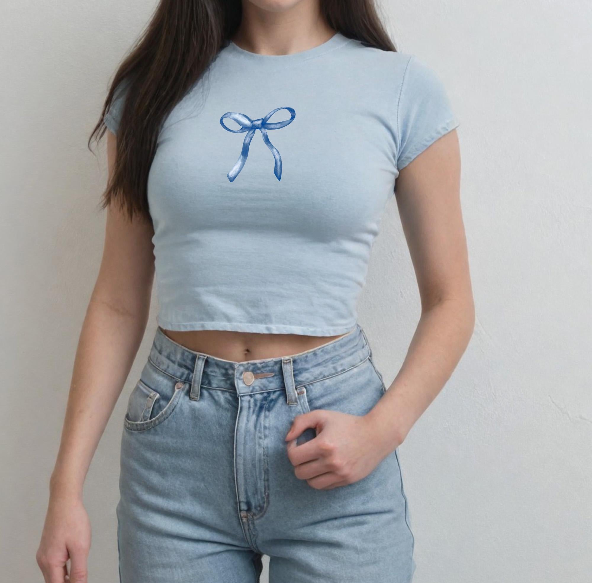 Blue Bow Baby Tee, Baby Tee, Cute Bow Graphic T, 90s TShirt, Bow Tee, Girly y2k baby tee, 90s baby tee, y2k, Crop